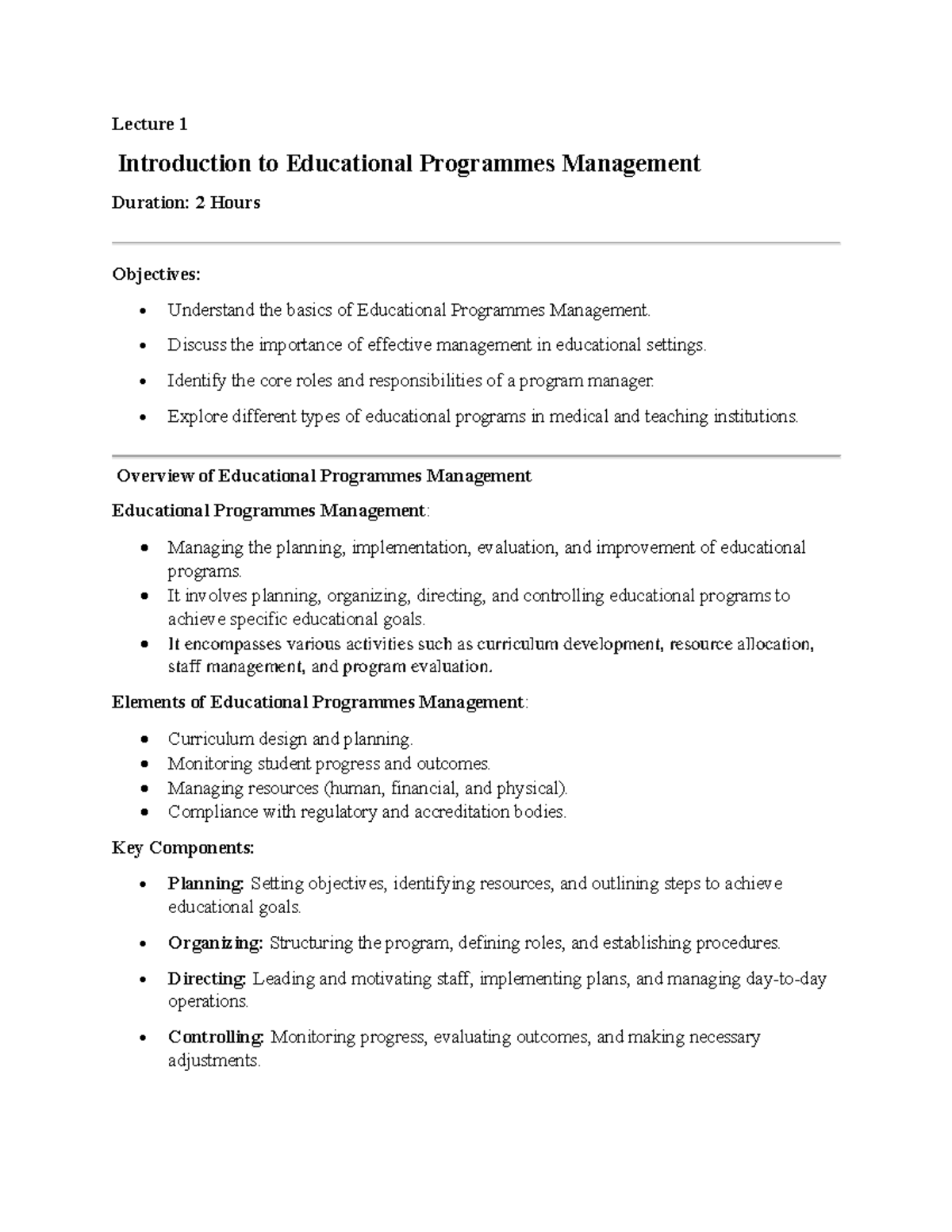 Lecture 1: Intro to Educational Programmes Management (2 Hours) - Studocu