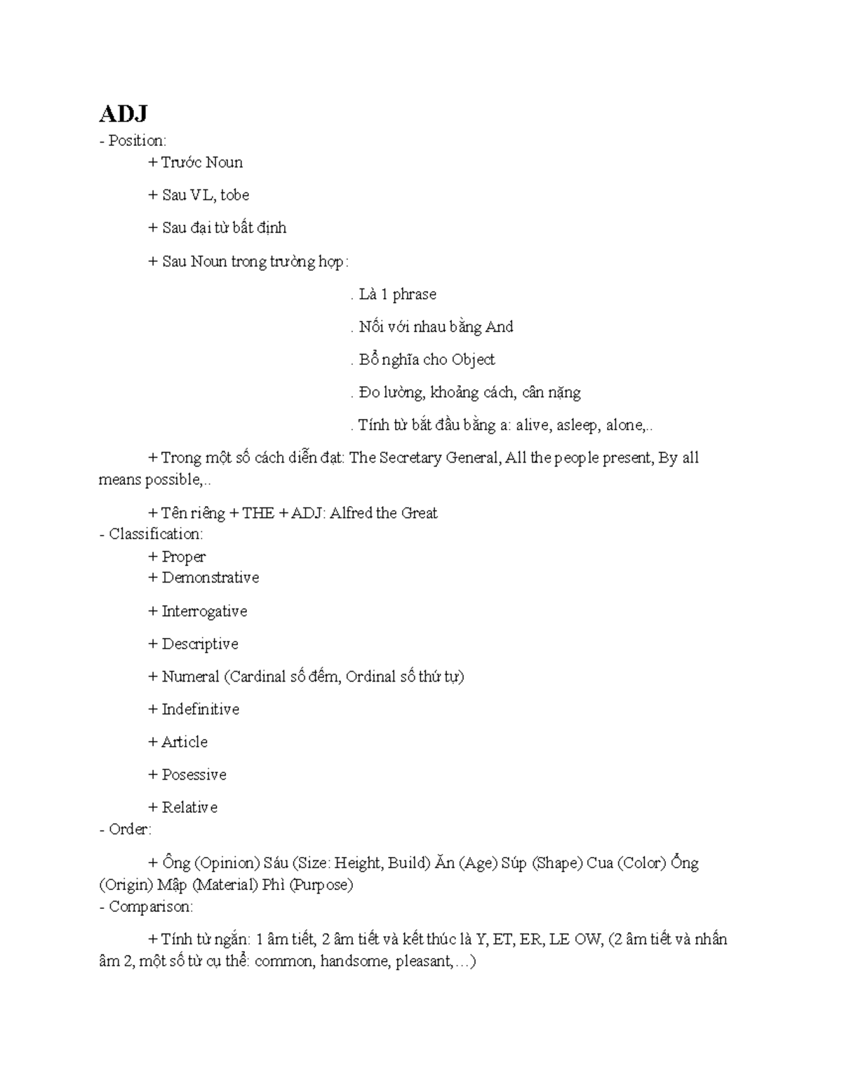 ADJ Position and Usage in English Grammar (SG280) - Studocu