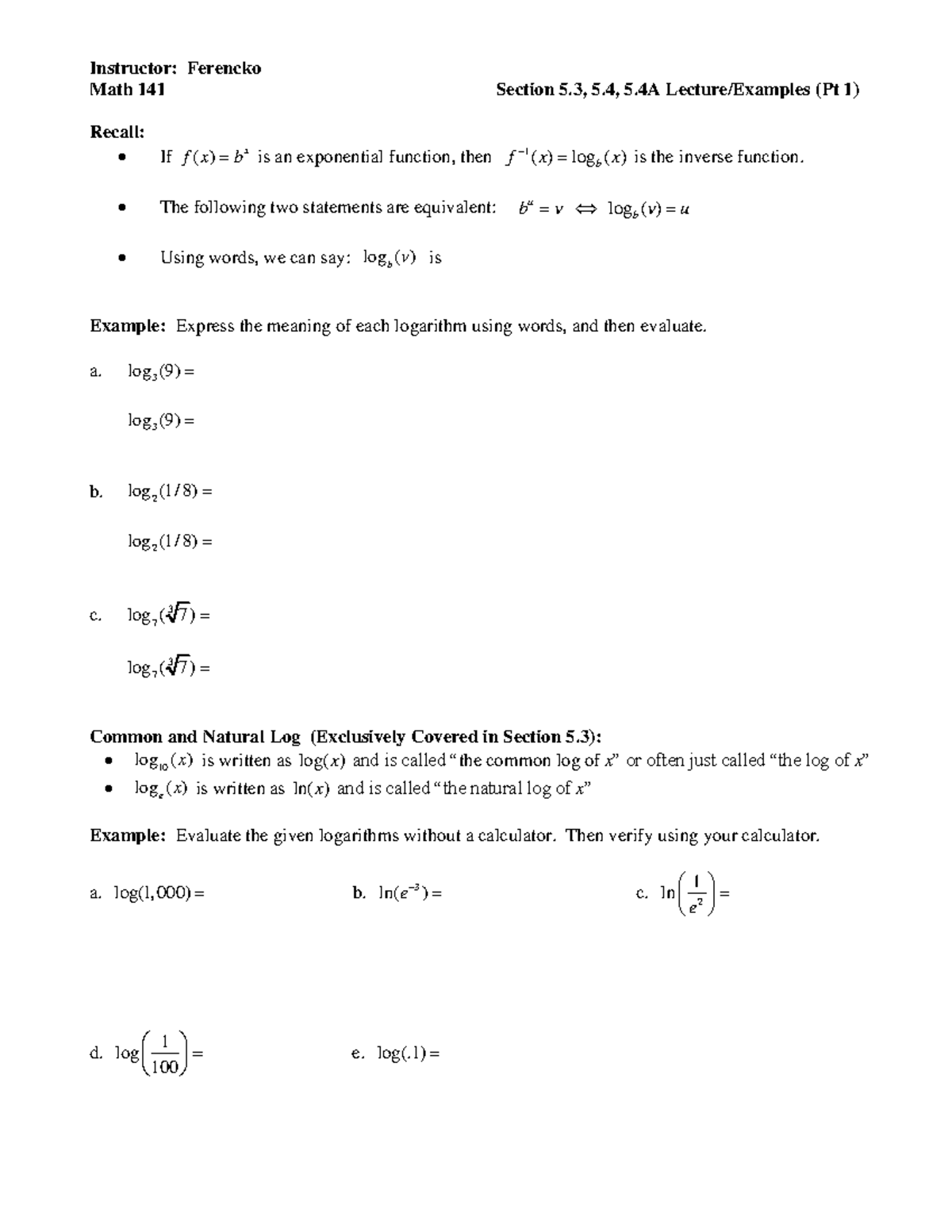 Math 115: Logarithmic Functions & Exponential Equations Practice - Studocu