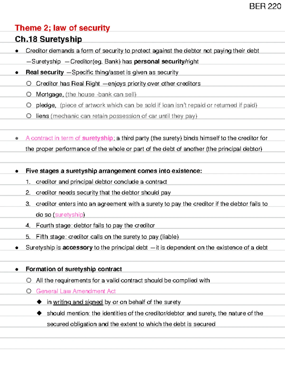 BER 220 Summary of Themes 2 and 4: Suretyship and Labour Law Insights ...