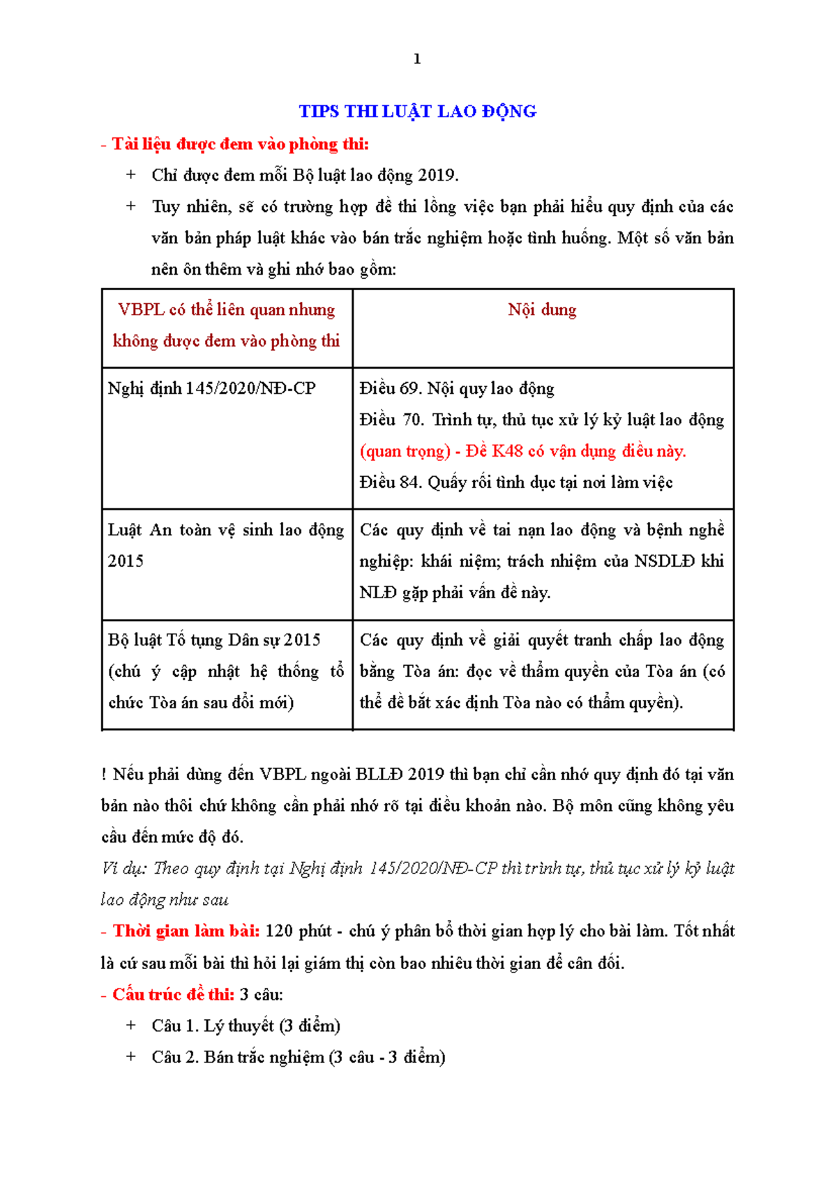 TIPS ÔN TẬP LUẬT LAO ĐỘNG K48 - Hướng Dẫn Thi và Làm Bài - Document Preview