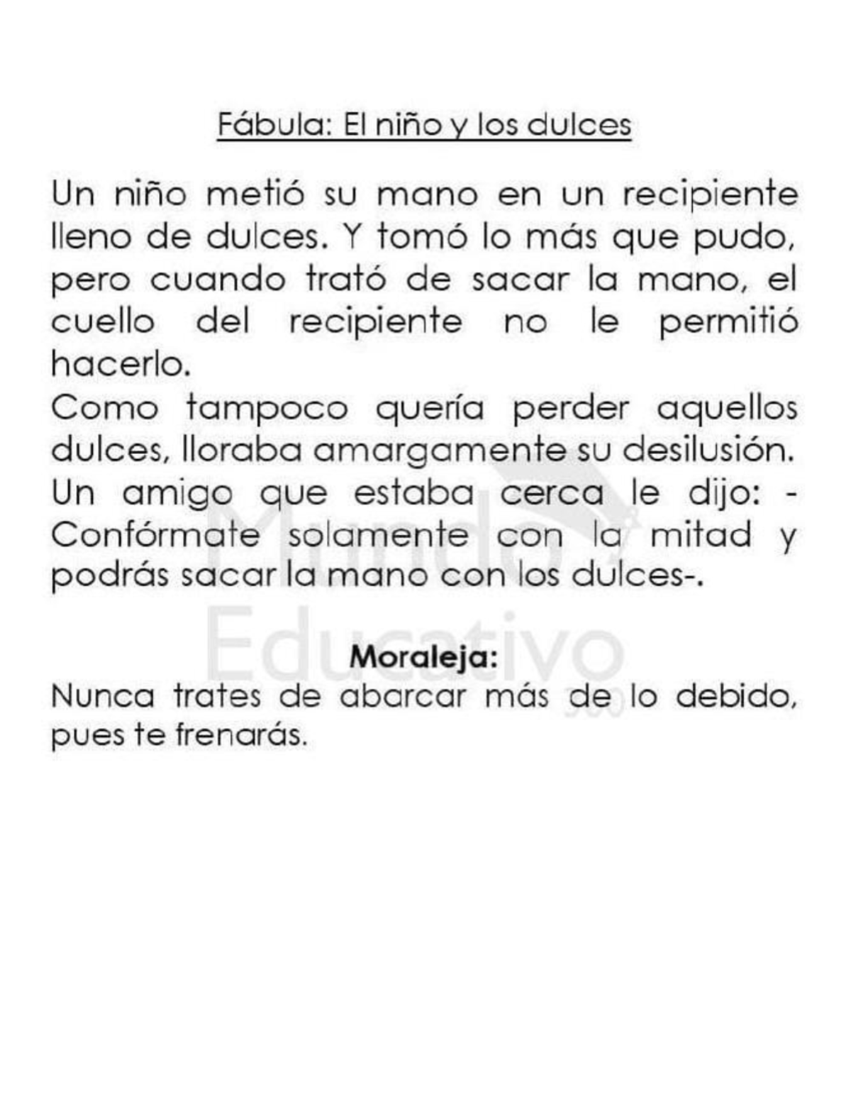 Fábula: El niño y los dulces - Lección sobre la moderación - Studocu