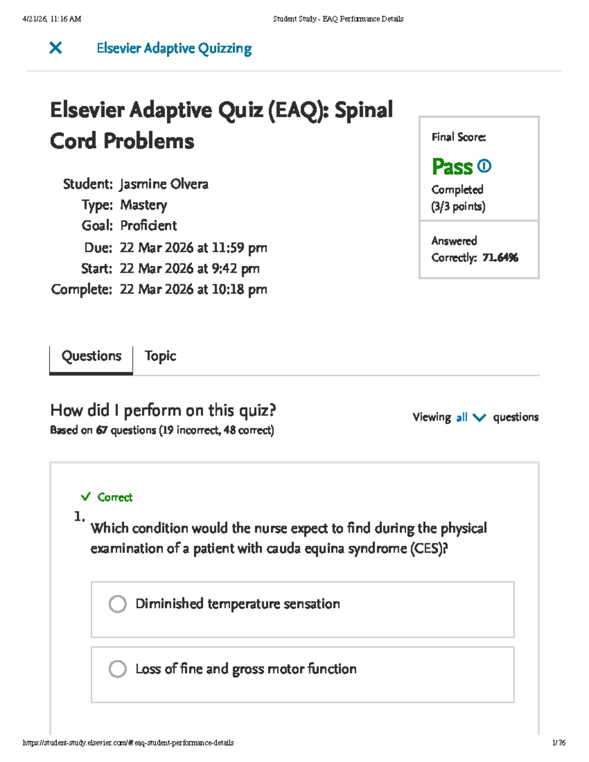 Elsevier Adaptive Quiz (EAQ): Spinal Cord Injury Performance Analysis ...