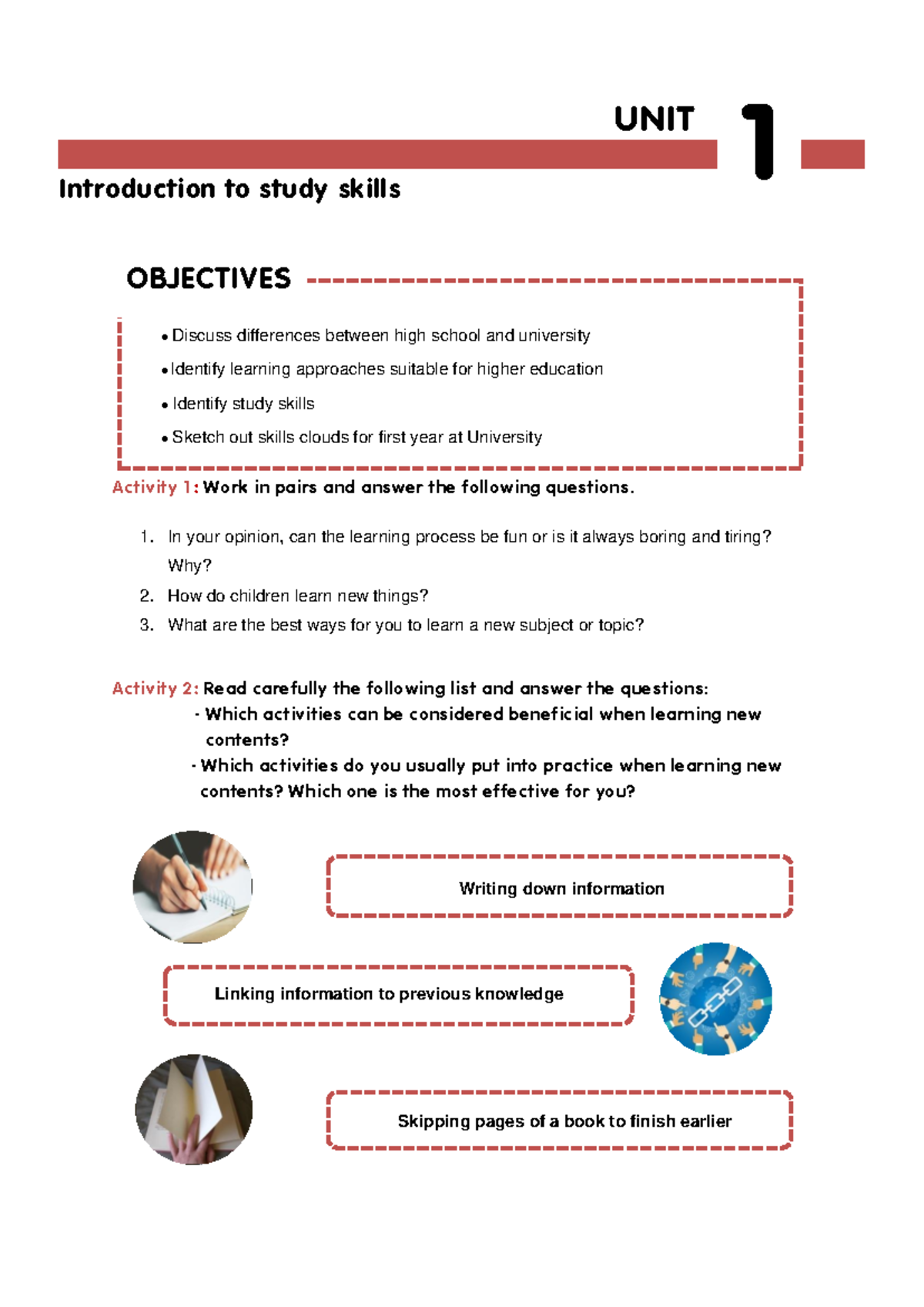 TB studyskills Unit1 - Activity 1 : Work in pairs and answer the ...