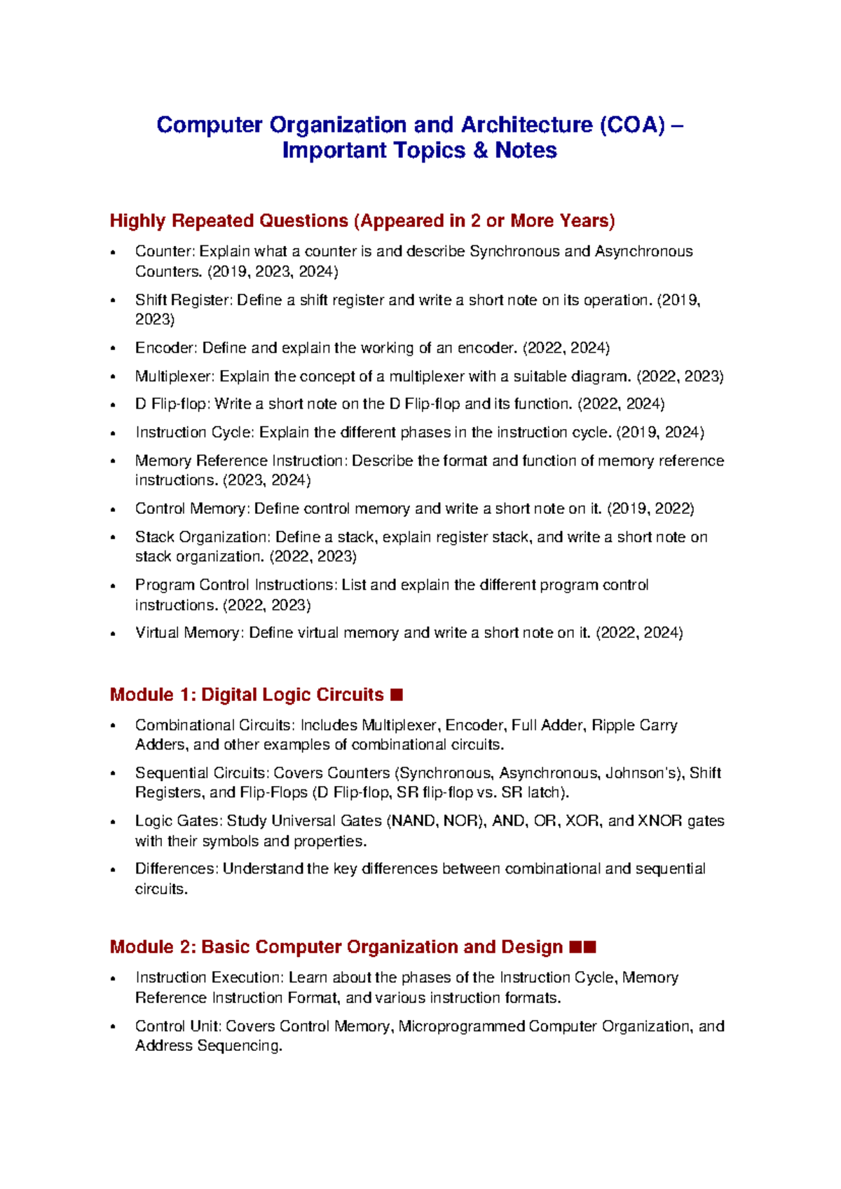 COA Important Topics Notes: Key Concepts & Repeated Questions - Studocu