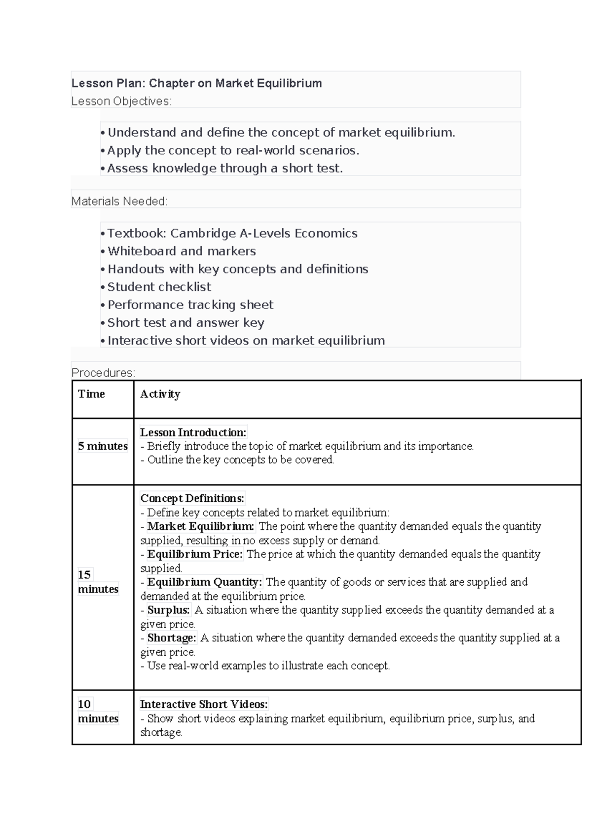 Lesson Plan: Market Equilibrium (ECO101) - Studocu