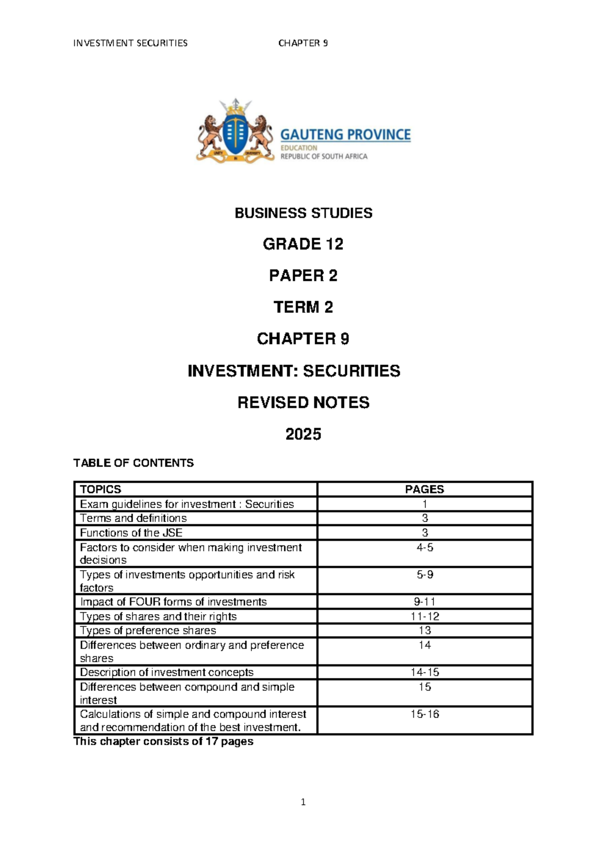 Investment Securities Chapter 9: Revised Notes for Business Studies ...