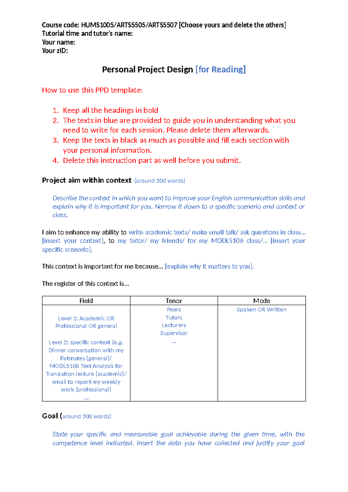 PPD Template for MODL5106 Personal Project Design 2024 V2 - Studocu