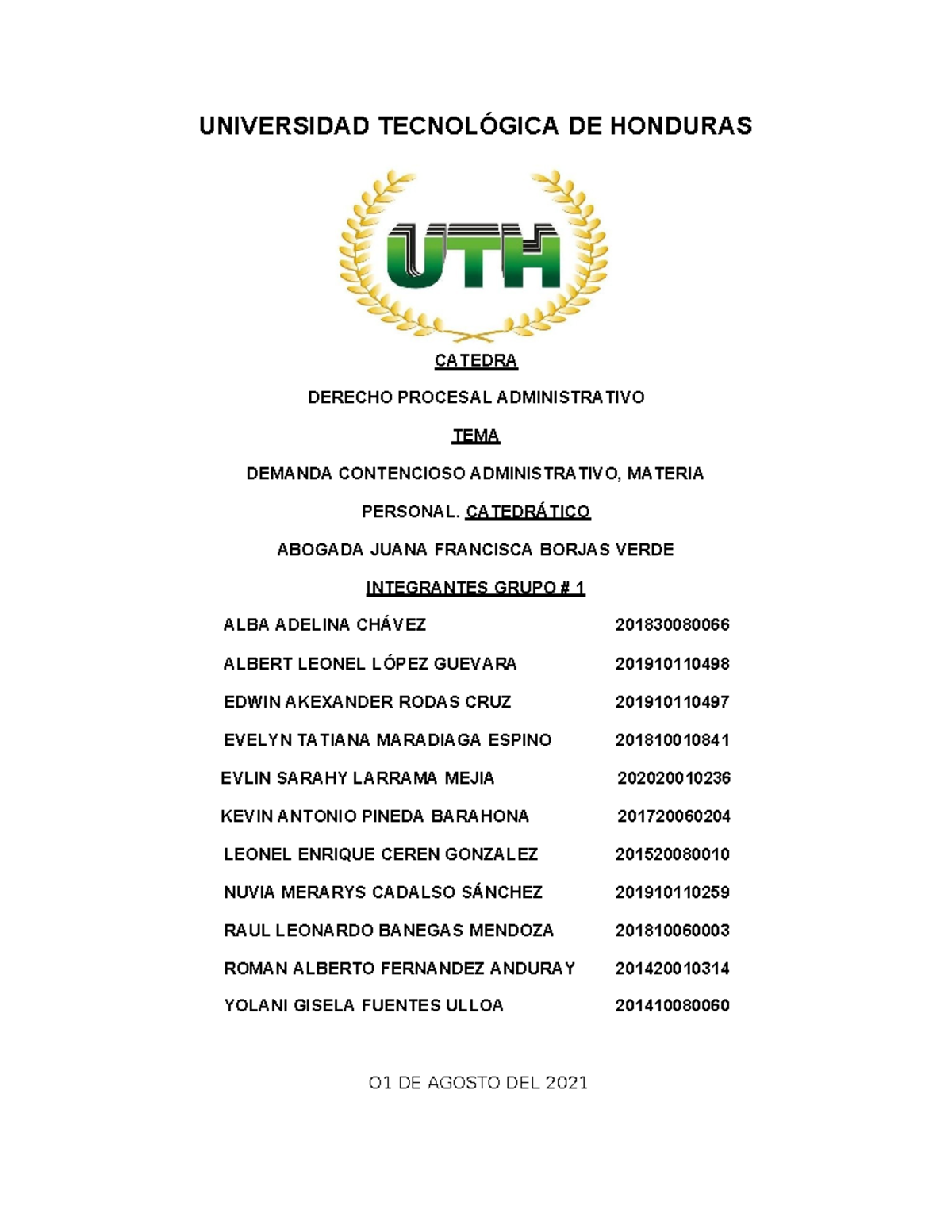 Demanda Contencioso Administrativo: Materia Personal - Grupo #1 - Document Preview