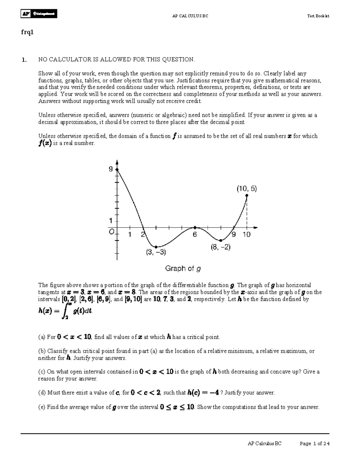 AP CALCULUS BC Test Booklet FRQ1 - Practice Problems - Studocu