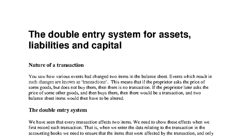 The Double Entry System: Assets, Liabilities & Capital Explained - Studocu