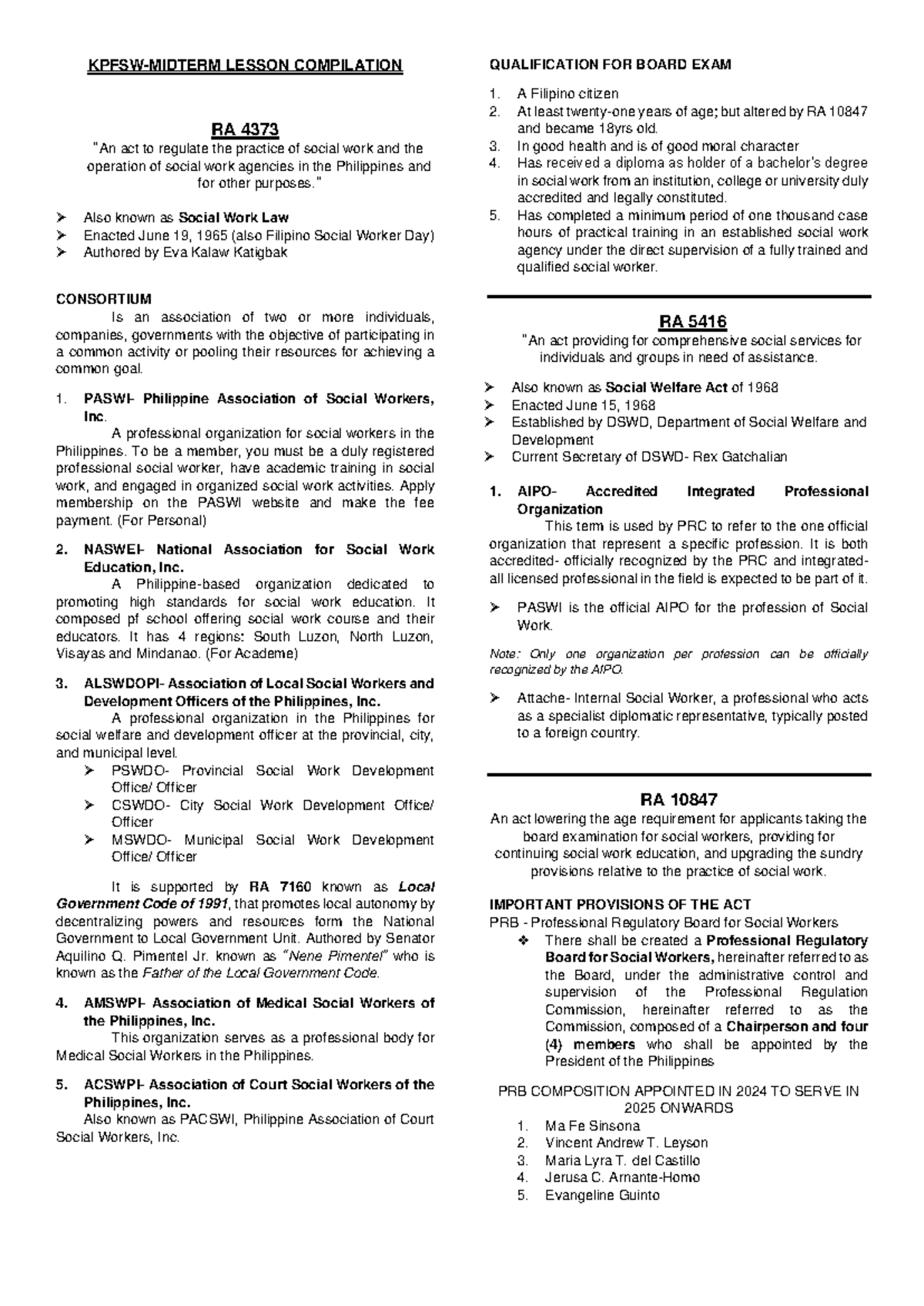 LESSON NOTES ON RA 4373, 5416, & 10847 FOR BOARD EXAM - Studocu