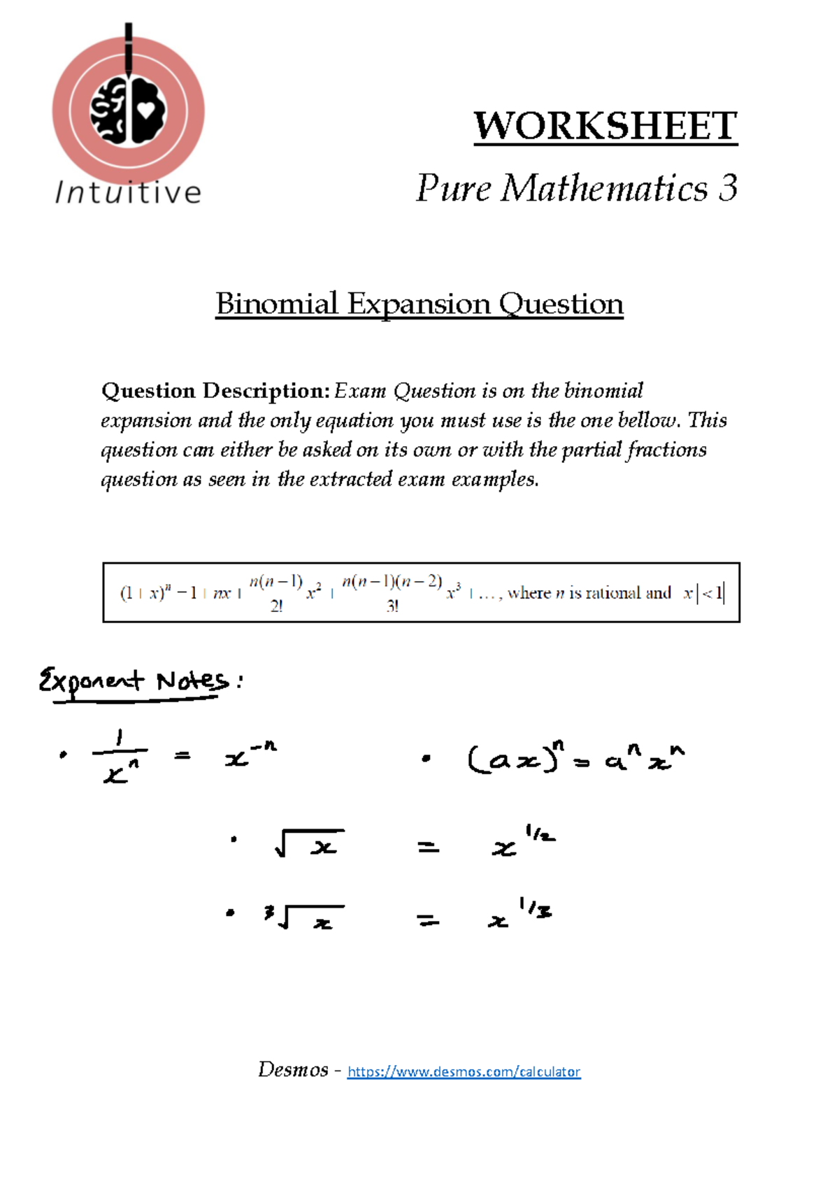 Worksheet - Binomial Expansion Question - WORKSHEET Pure Mathematics 3 ...