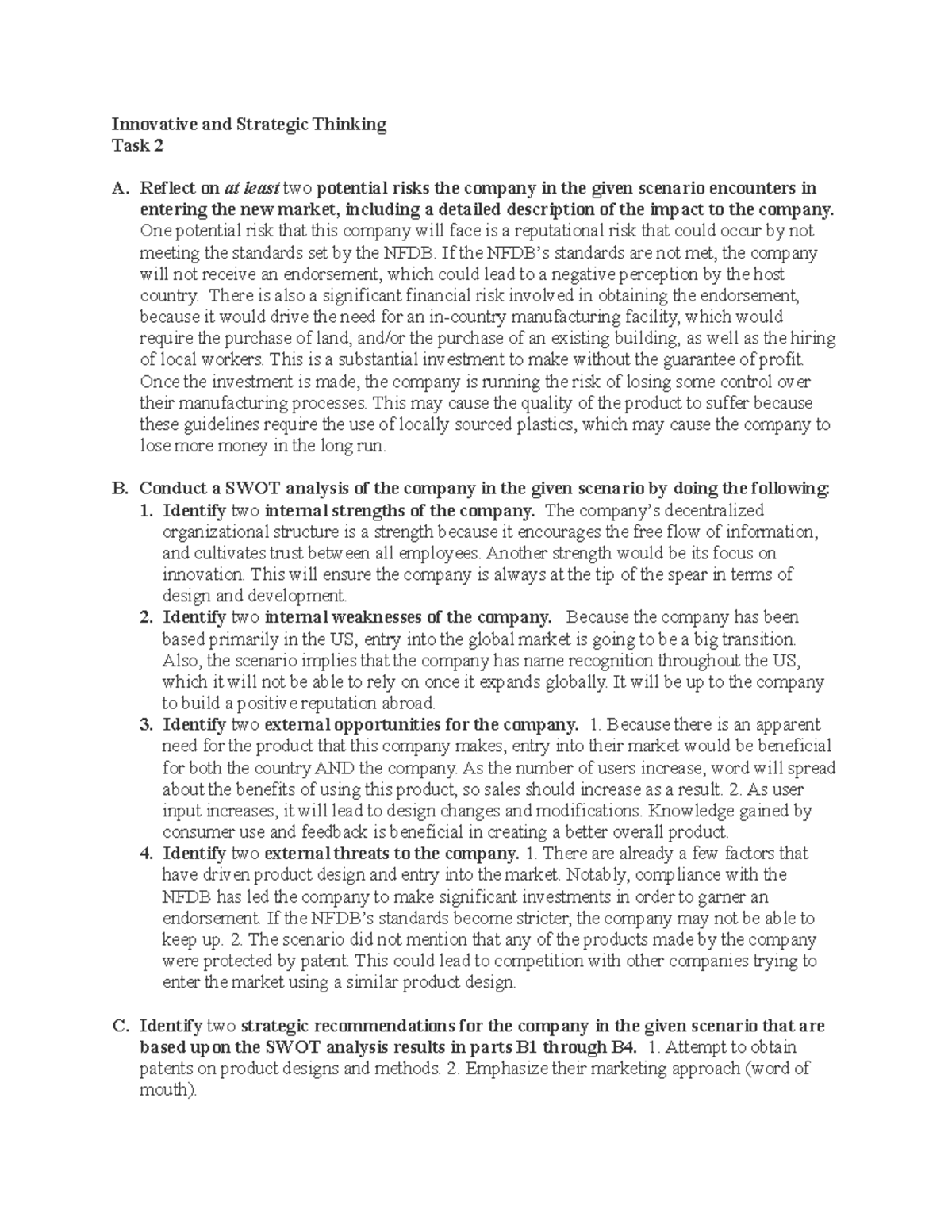 D081 Task 2: Risks, SWOT Analysis & Strategic Recommendations - Studocu