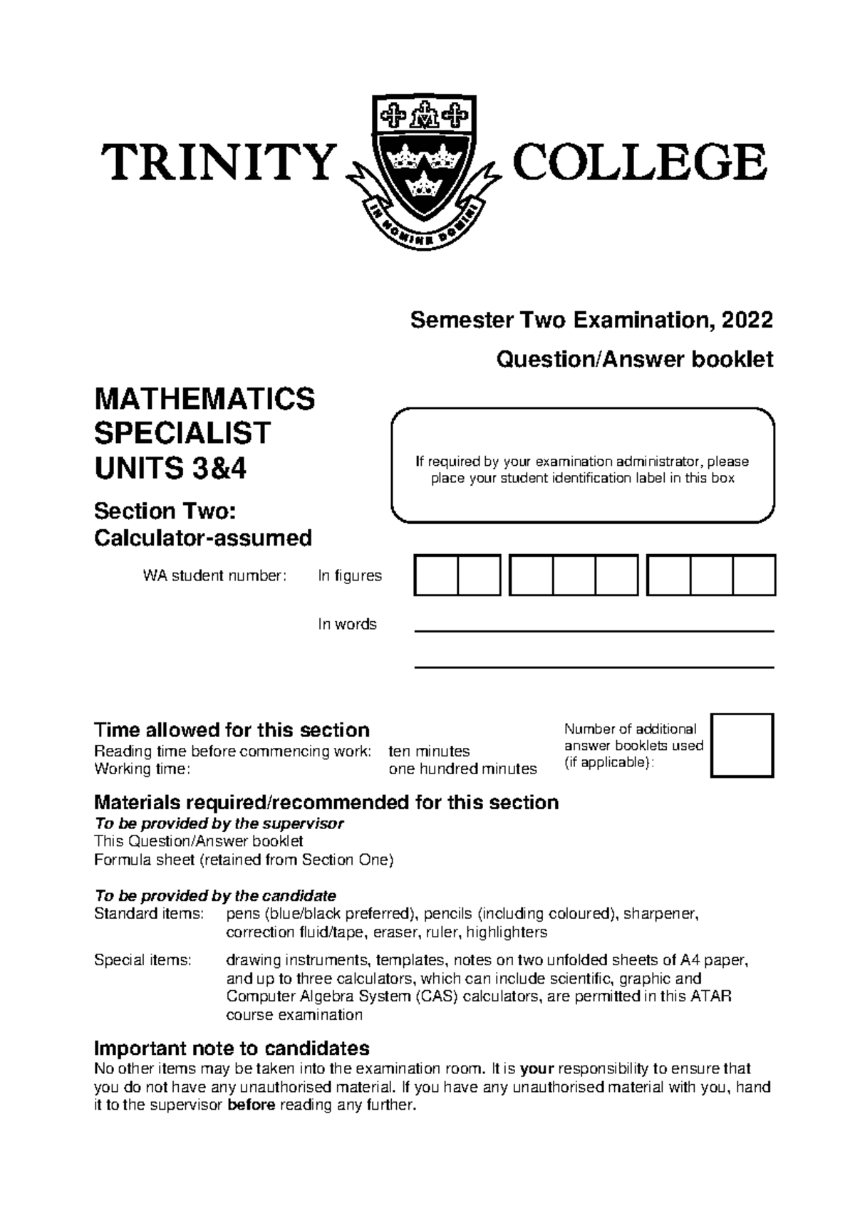 2022 Semester Two Mathematics Specialist Exam Booklet - Studocu