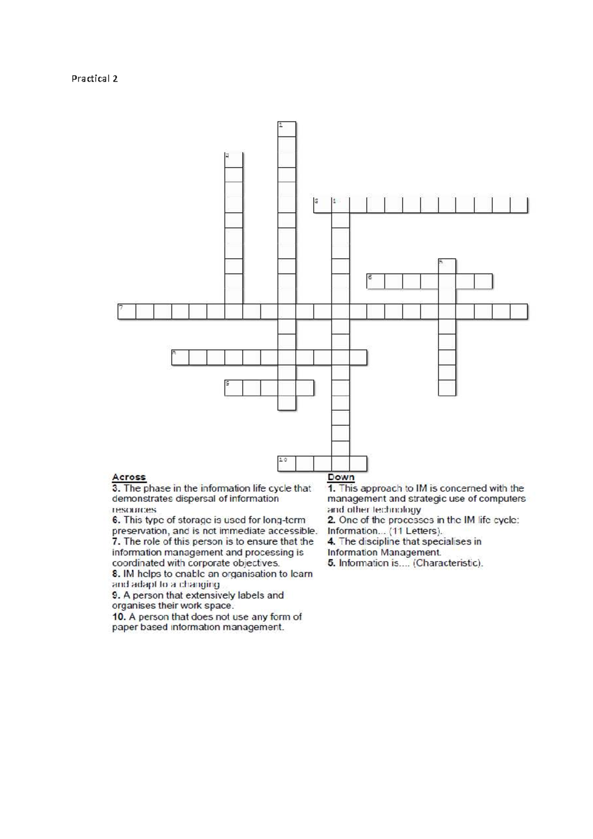 Practical 2: Information Management Crossword Puzzle - Studocu