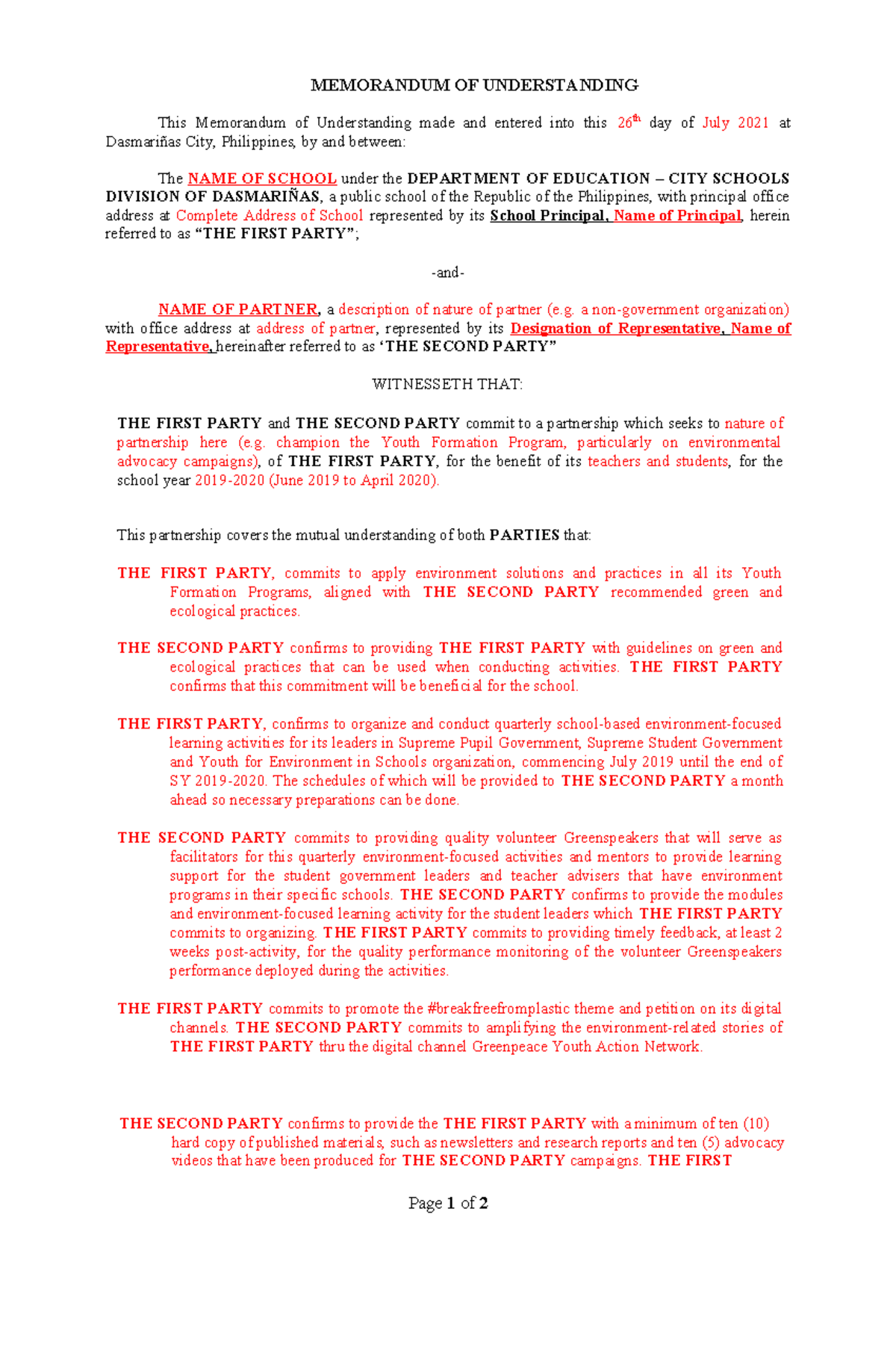 MOU Template - MEMORANDUM OF UNDERSTANDING This Memorandum of ...