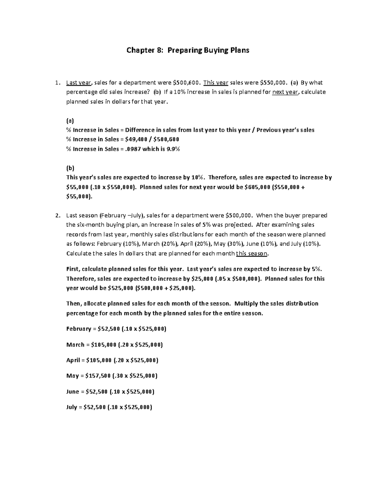 RMG 400 - CH8 Math Worksheet - Chapter 8: Preparing Buying Plans Last ...