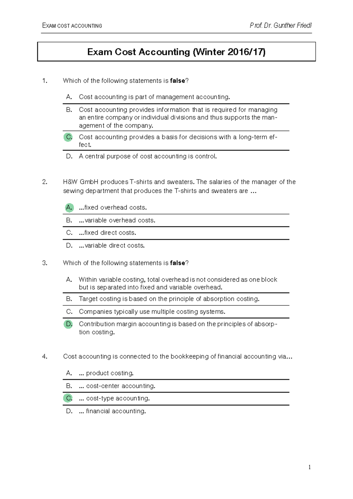 EXAM COST ACCOUNTING WS16 - Comprehensive Review and Practice Questions ...