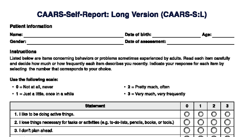 CAARS Questionnaire: Adult Behavior Assessment Tool - Studocu