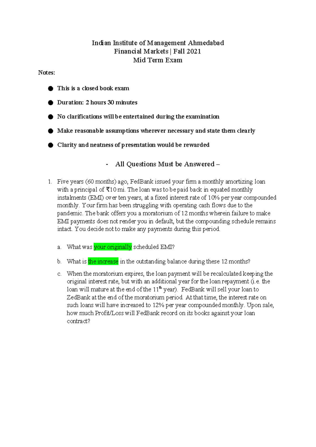 IIM Ahmedabad Financial Markets Fall 2021 Midterm Exam Notes - Studocu