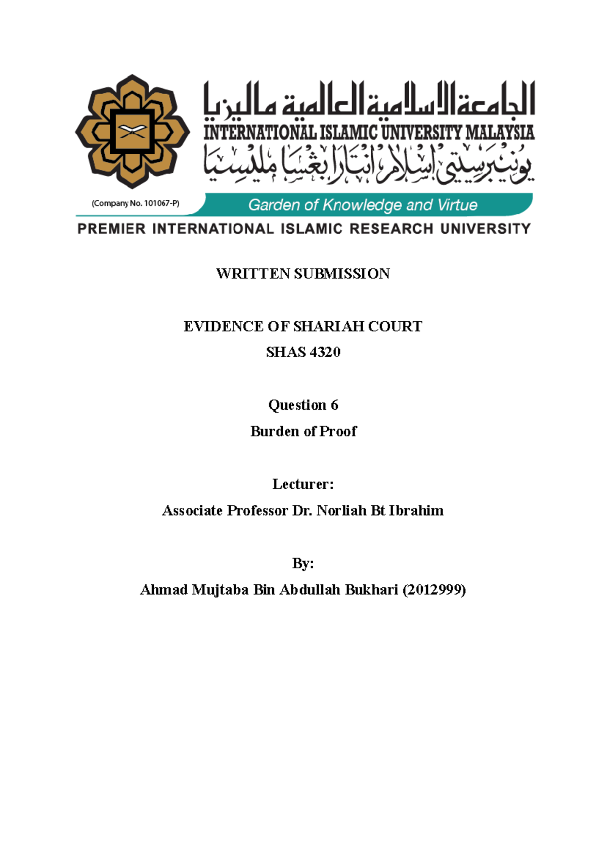 Evidence of Burden of Proof in SHAS 4320 Syariah Court Case - Studocu