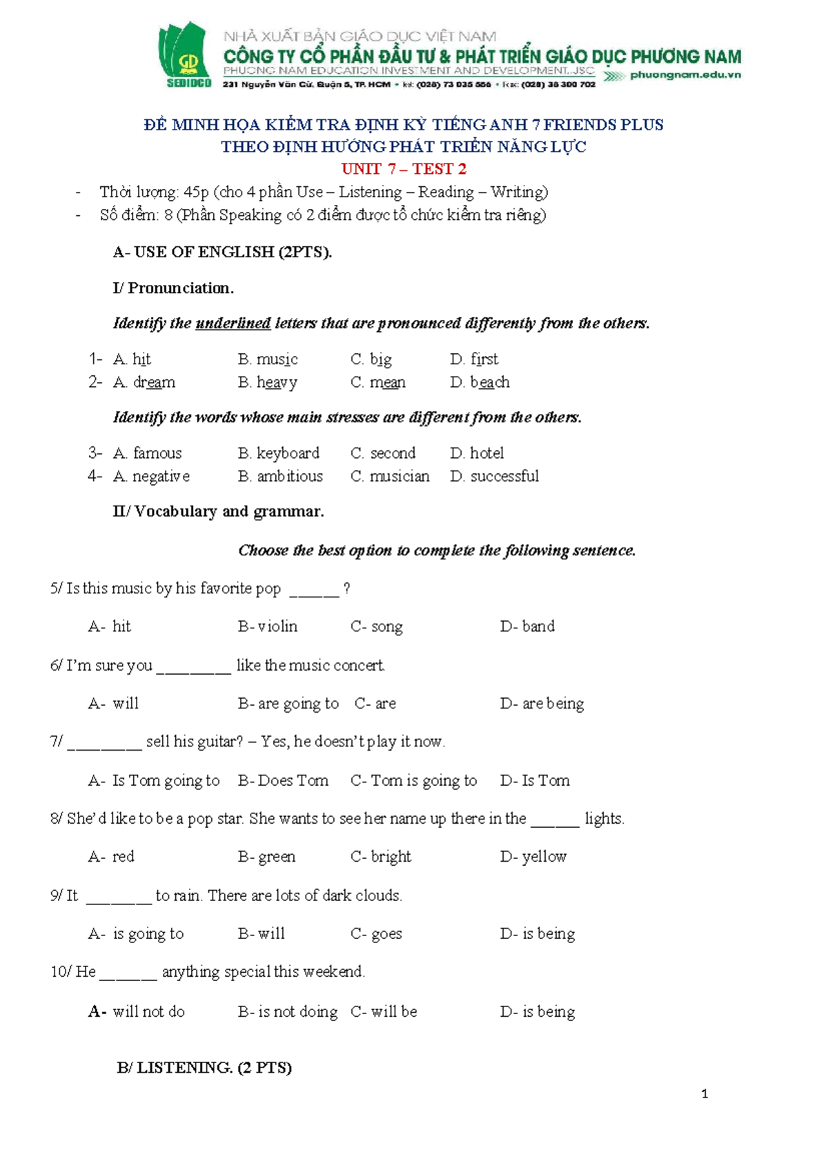 Tiếng Anh 7 Friends Plus Unit 7 Periodic Test 2 Guide - Studocu