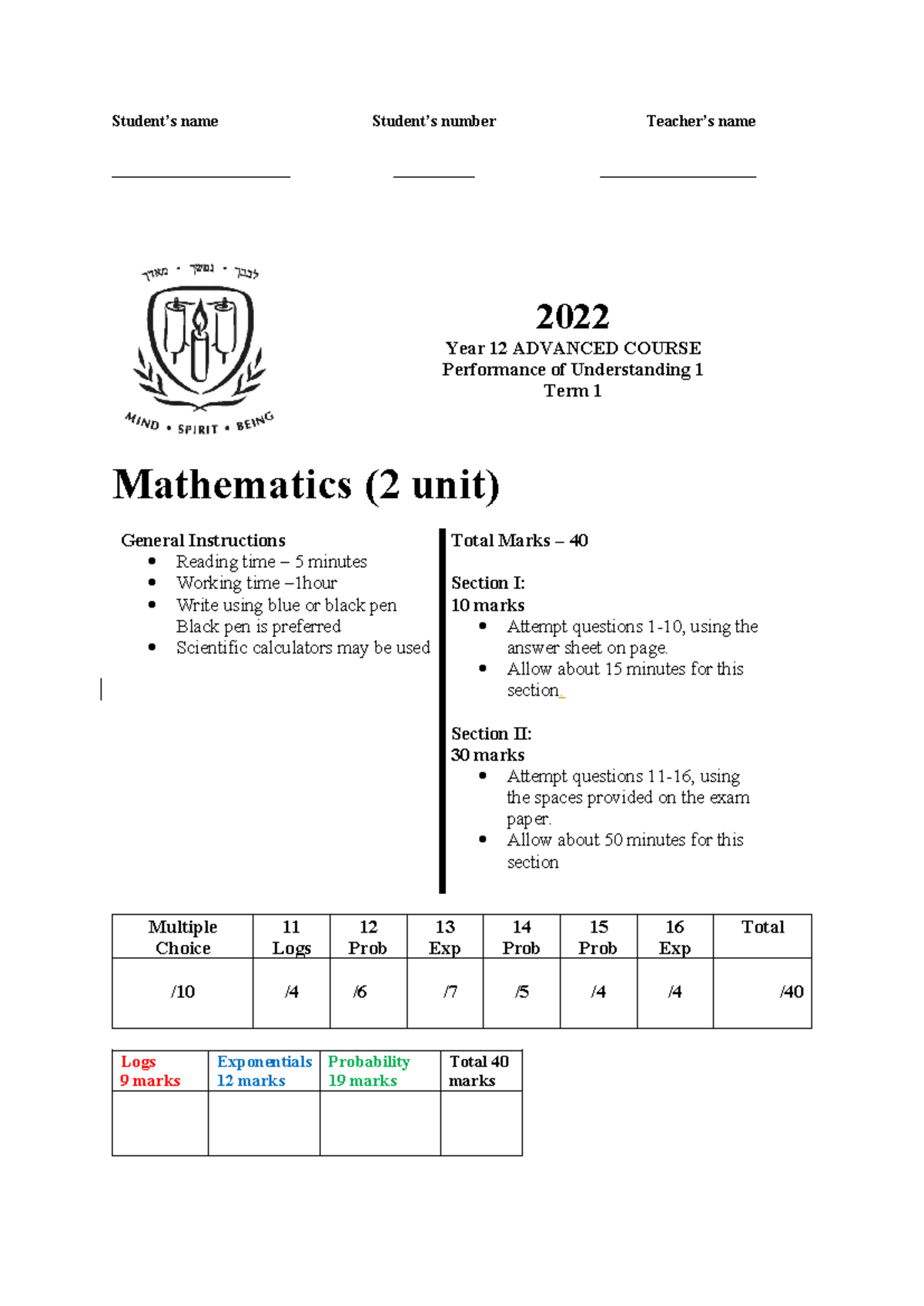 Year 12 ADVANCED MATH Term 1 Performance of Understanding 1 Exam 2022 ...