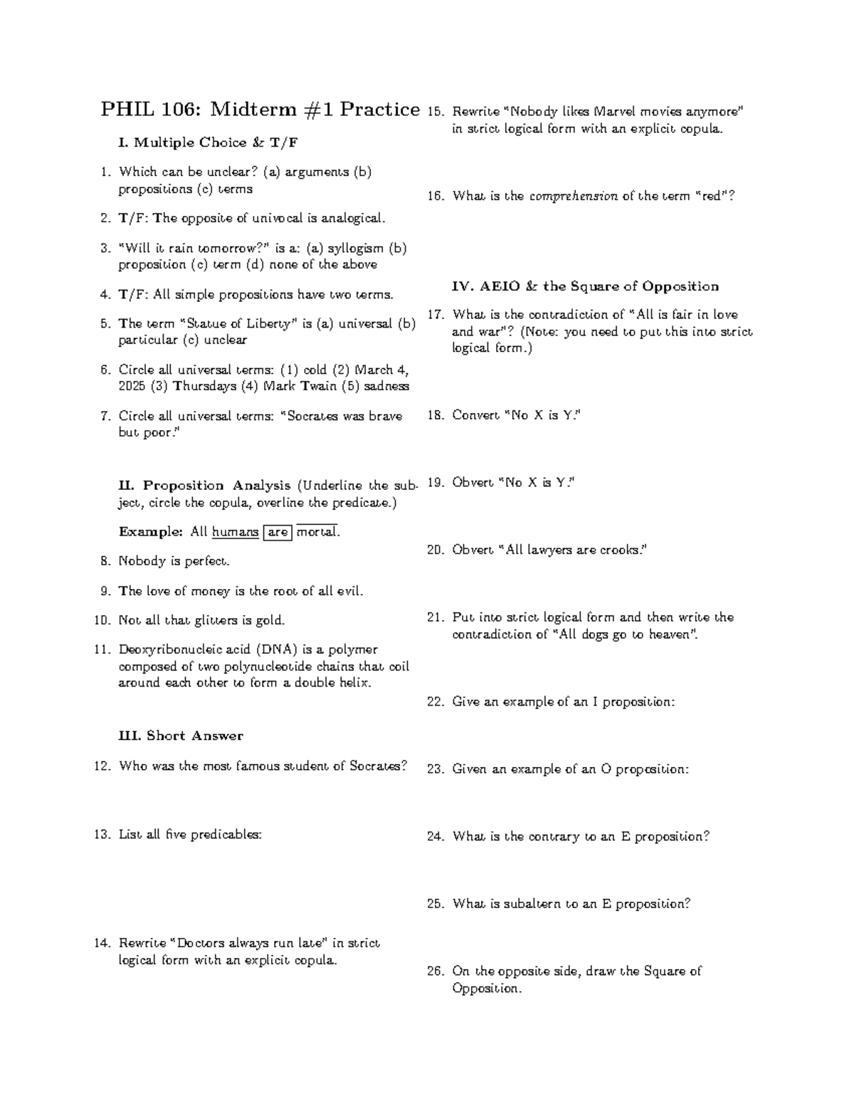 PHIL 106: Midterm #1 Exam Practice Questions & Solutions - Studocu
