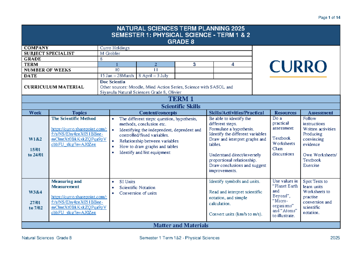 Natural Sciences Grade 8 Term 1 & 2 Planning 2025 Overview - Studocu