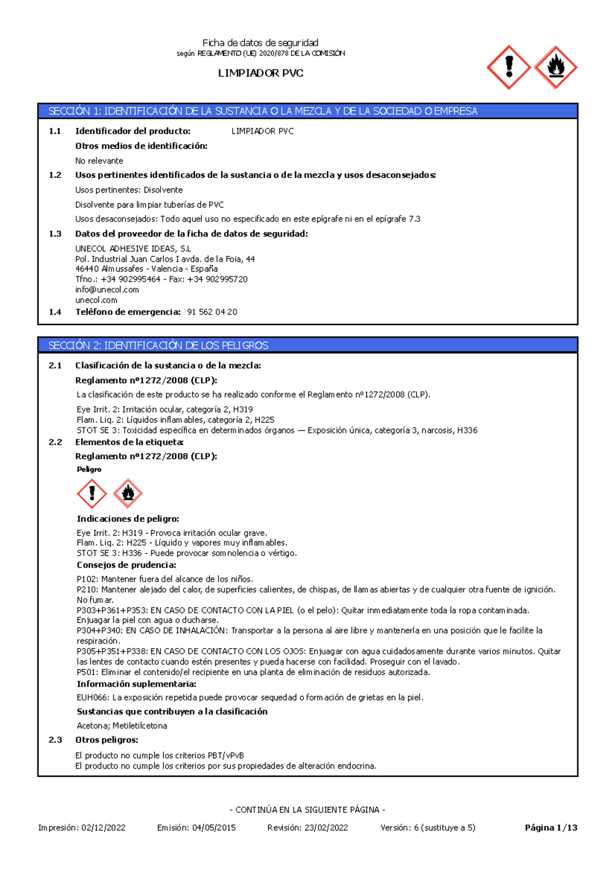 HOJA DE Seguridad Limpiador PVC LIMPIADOR PVC según REGLAMENTO (UE