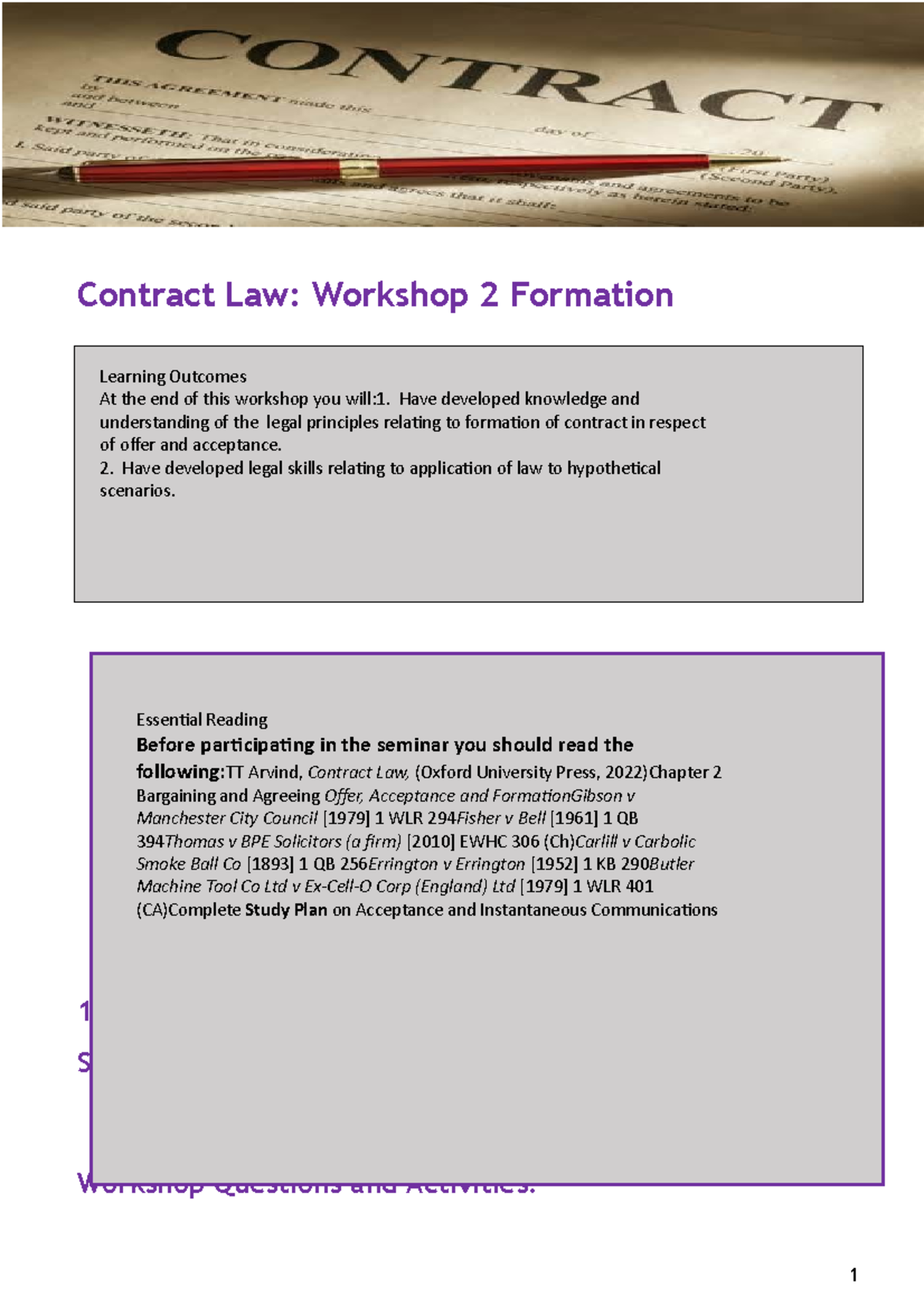Workshop 2 Formation - Contract Law: Workshop 2 Formation 1 Add title ...