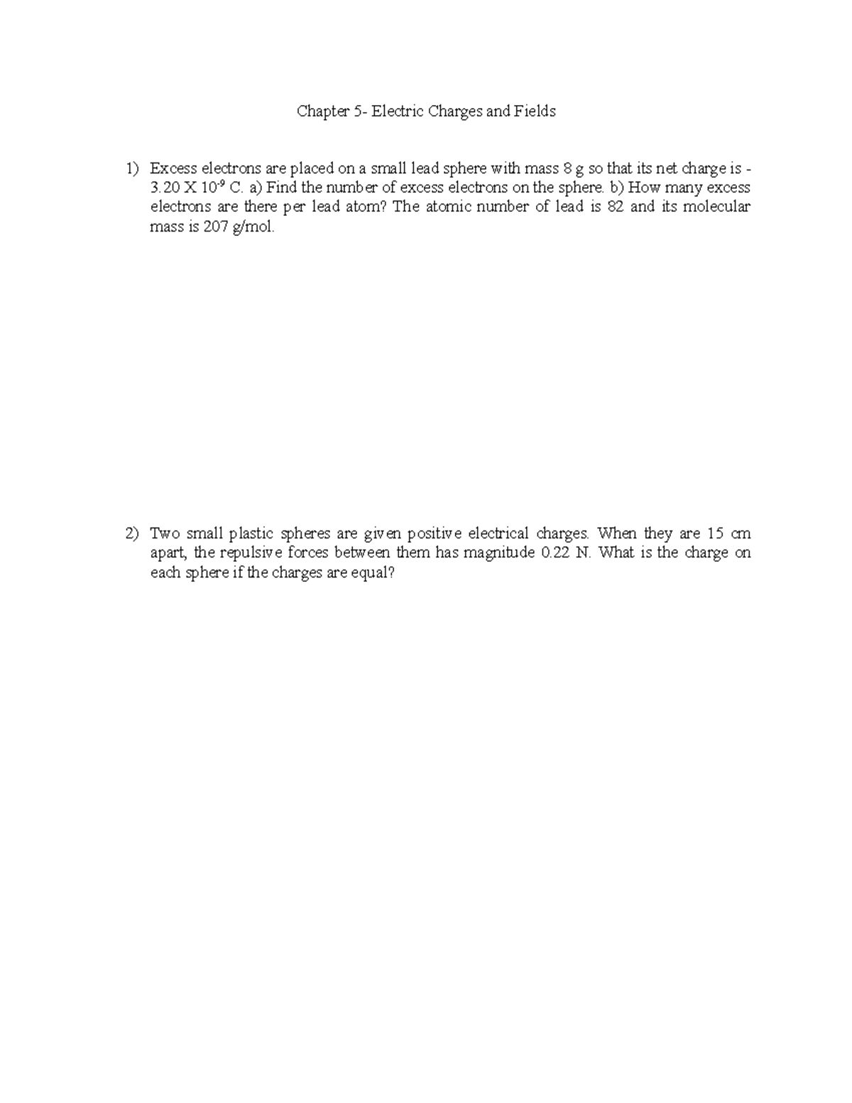 Chapter 5 - Electric Charges and Fields Worksheet - Studocu