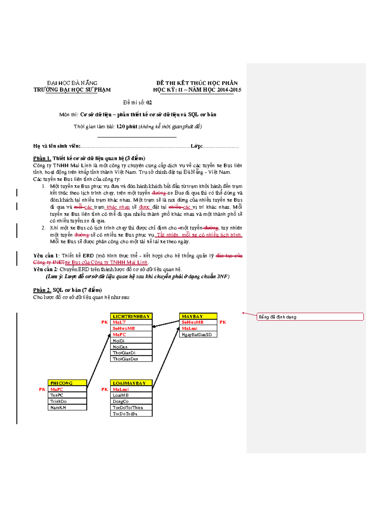 Đề Thi Kết Thúc Học Phần CSDL & SQL Cơ Bản - HK II/2014 - Studocu
