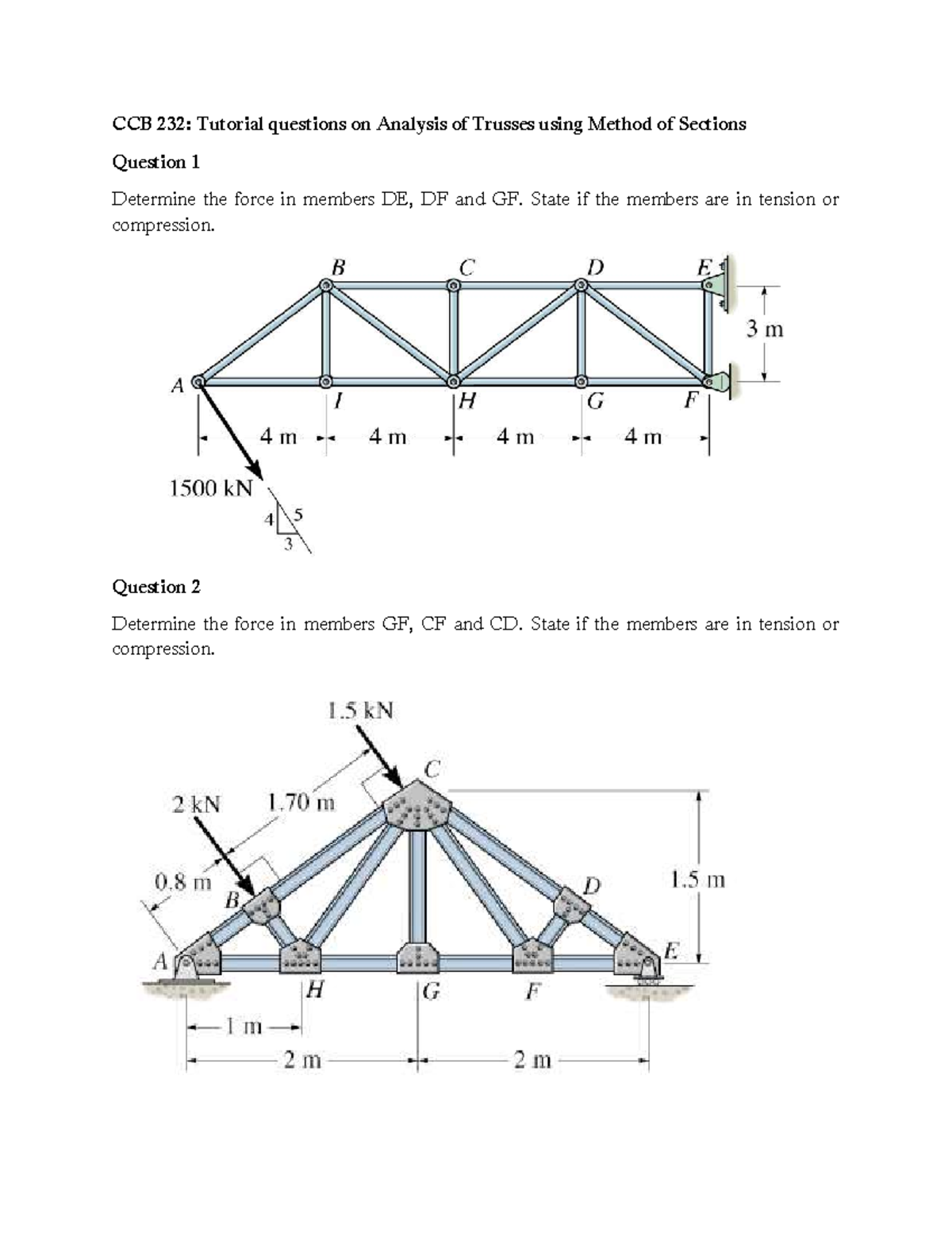 CCB 232: Tutorial Questions on Trusses - Method of Sections - Studocu