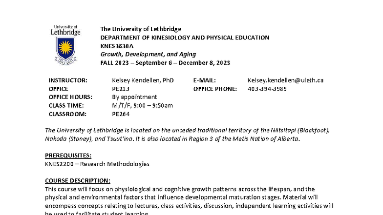 KNES3630A Fall 2023 Course Outline: Growth, Development, and Aging ...