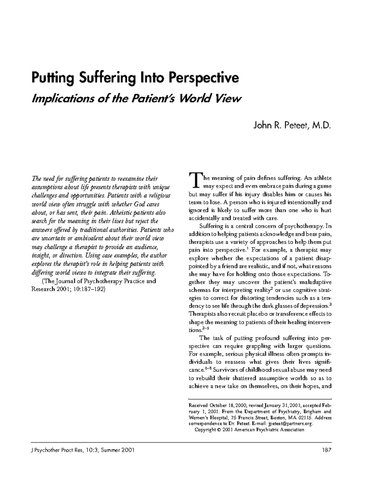 Understanding Suffering Through Diverse Patient World Views in ...