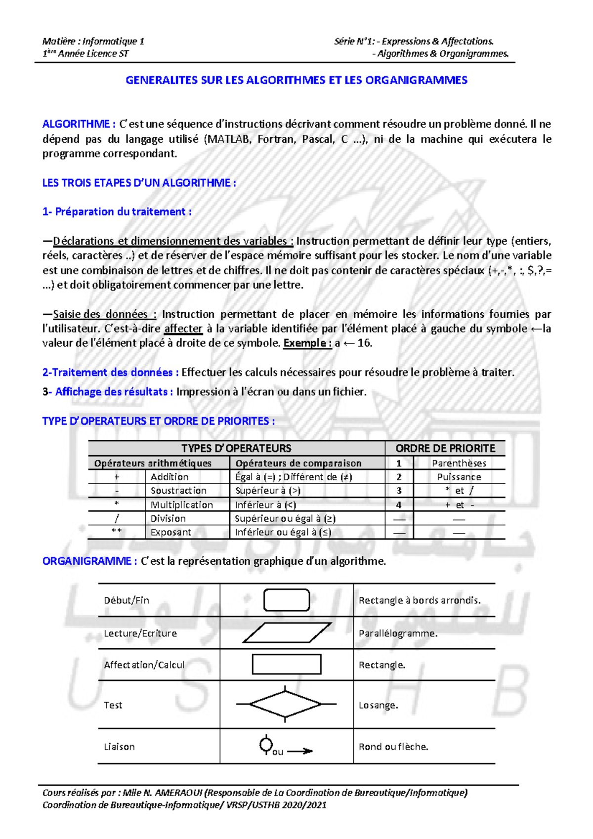 Informatique 1 G n ralit s Sur Les Algorithmes Organigrammes Studocu