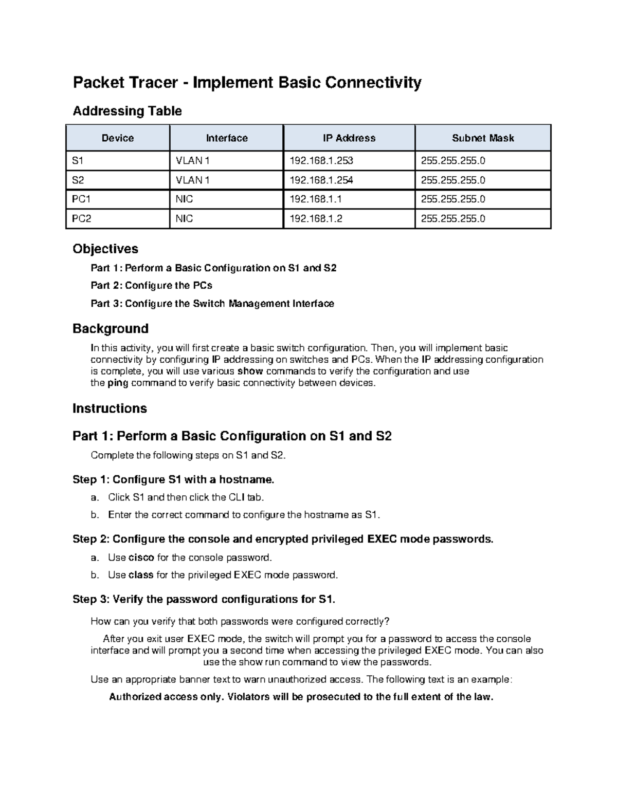 Manalo 2 6 7 - asd - Packet Tracer - Implement Basic Connectivity ...