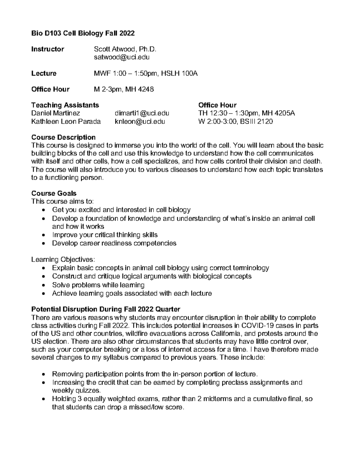 Bio D103 Fall 2022 Cell Biology Syllabus and Course Overview - Studocu