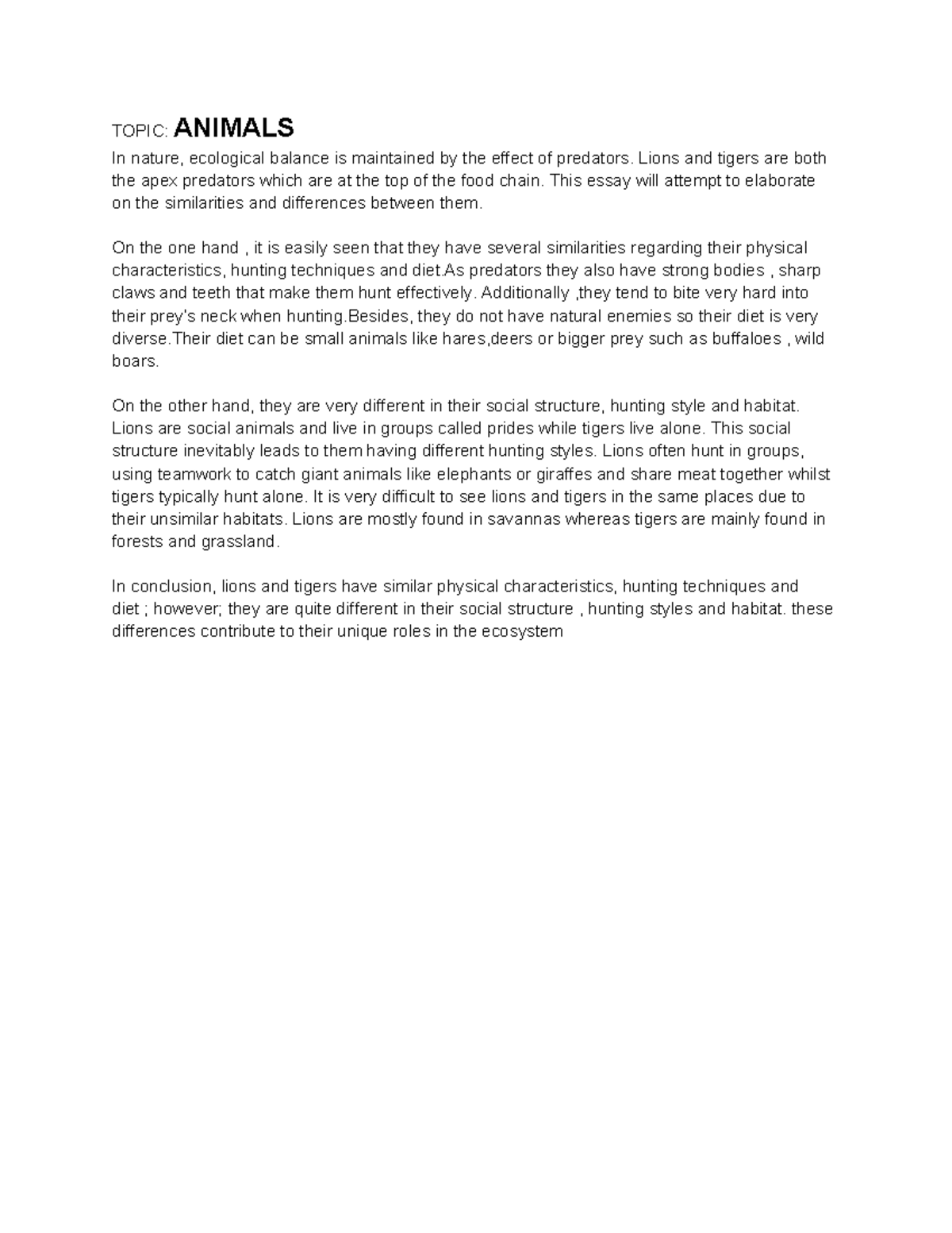 TATM 1 - Final Essay on Lions vs. Tigers: Similarities & Differences ...