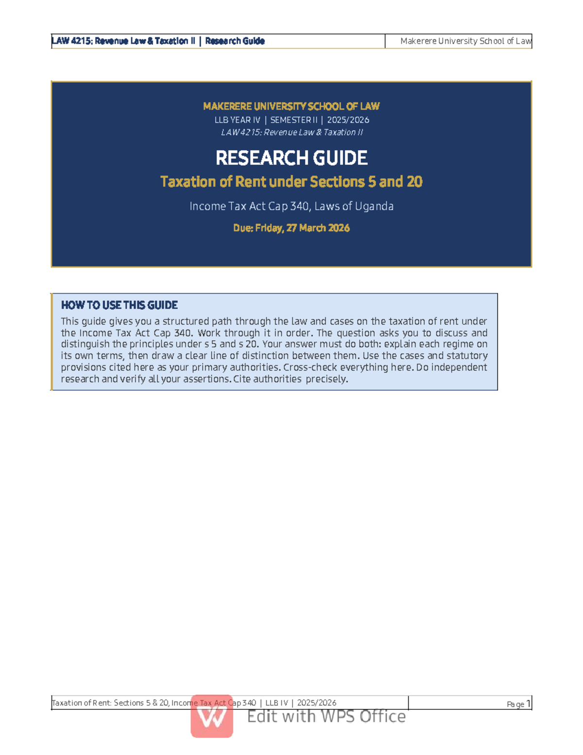 LAW 4215: Research Guide on Rental Taxation under ITA Cap 340 - Studocu