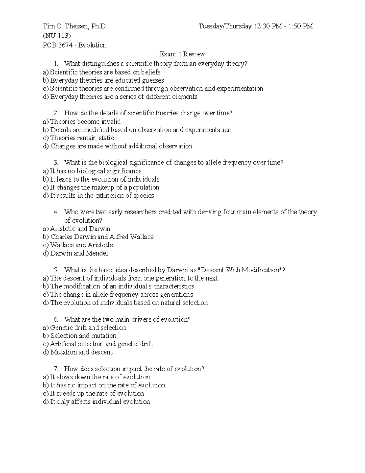 PCB 3674 - Evolution Exam 1 Comprehensive Review Guide - Studocu