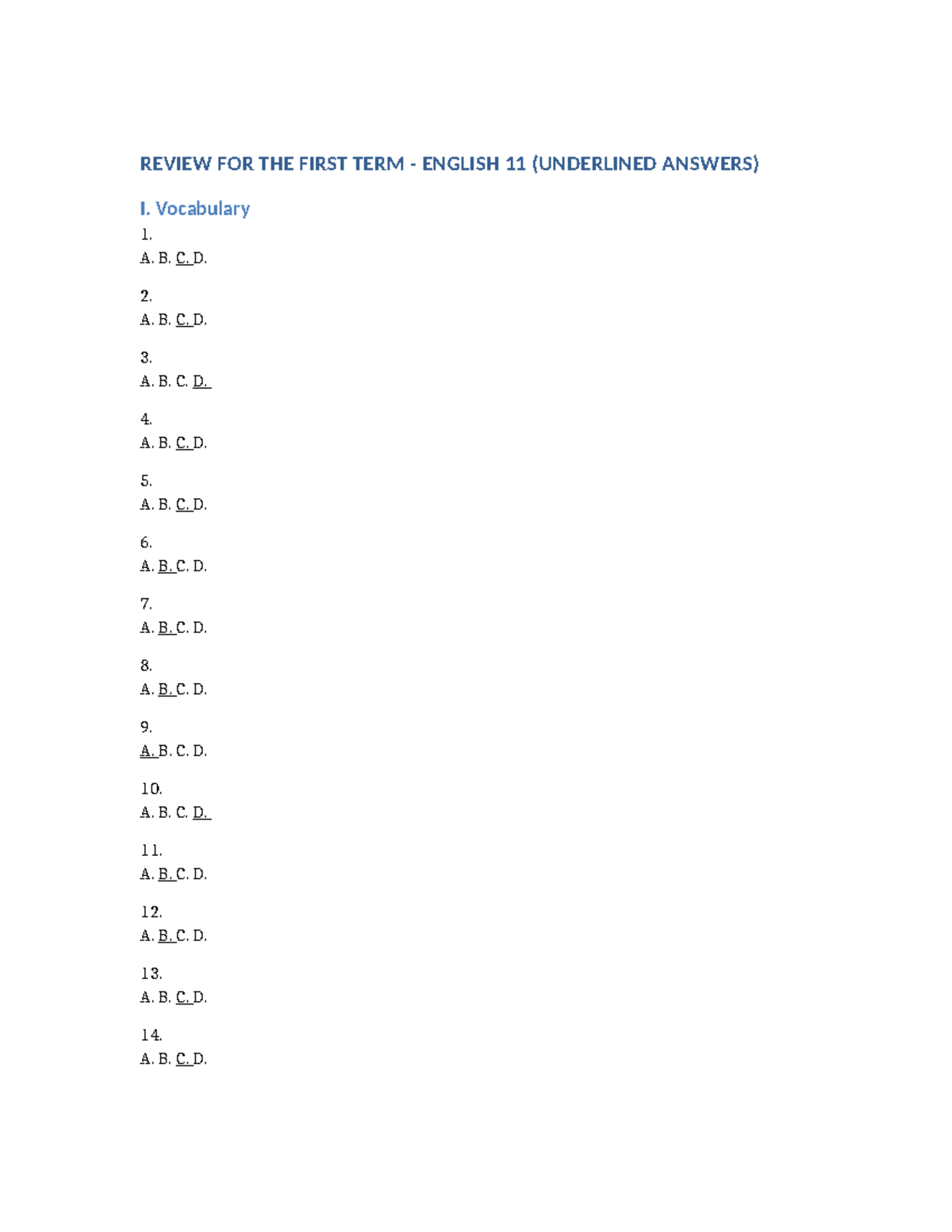 REVIEW FOR FIRST TERM ENGLISH 11 (ANSWER KEY) - Studocu