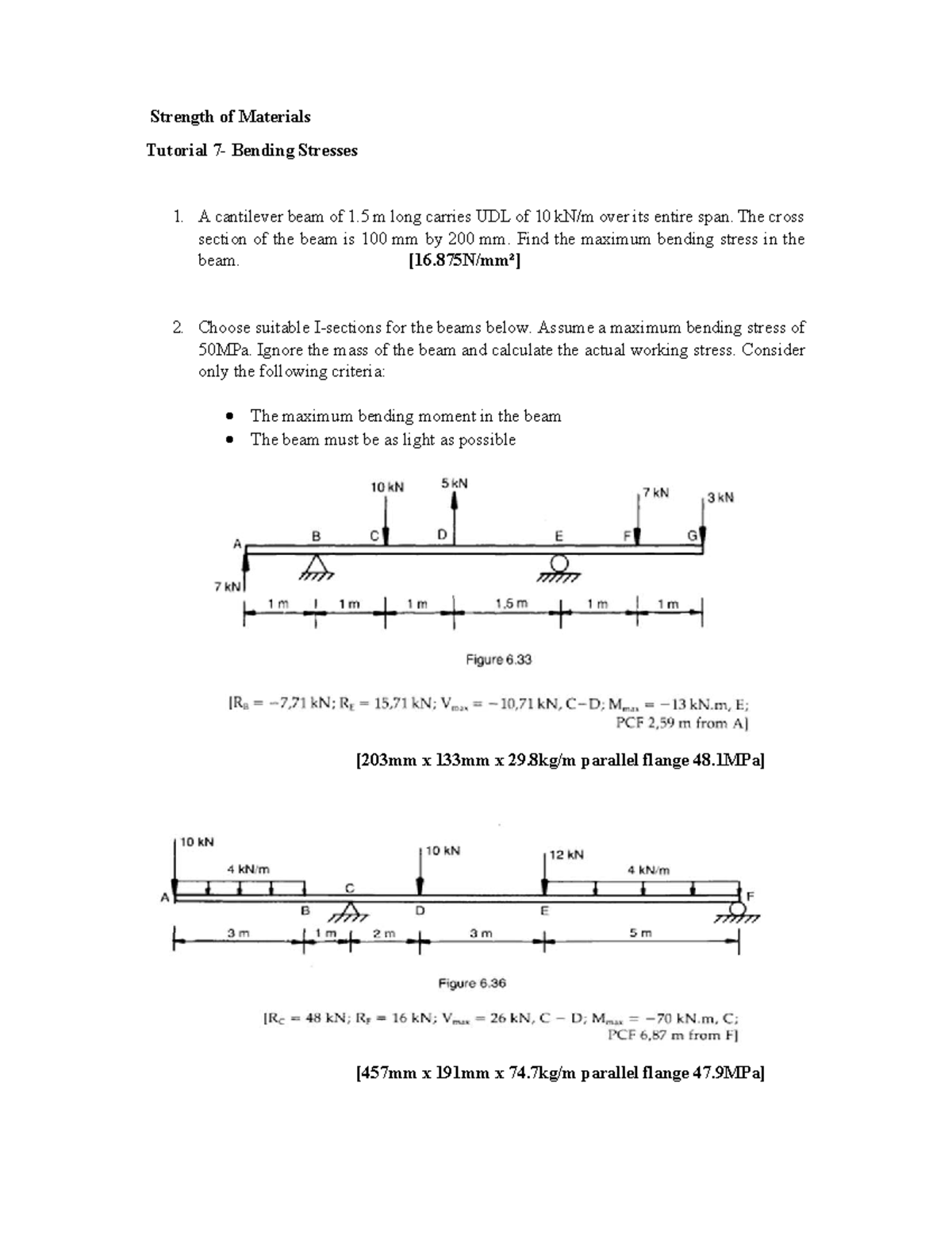 Strength of Materials Tutorial (Tut 7): Bending Stresses Analysis - Studocu