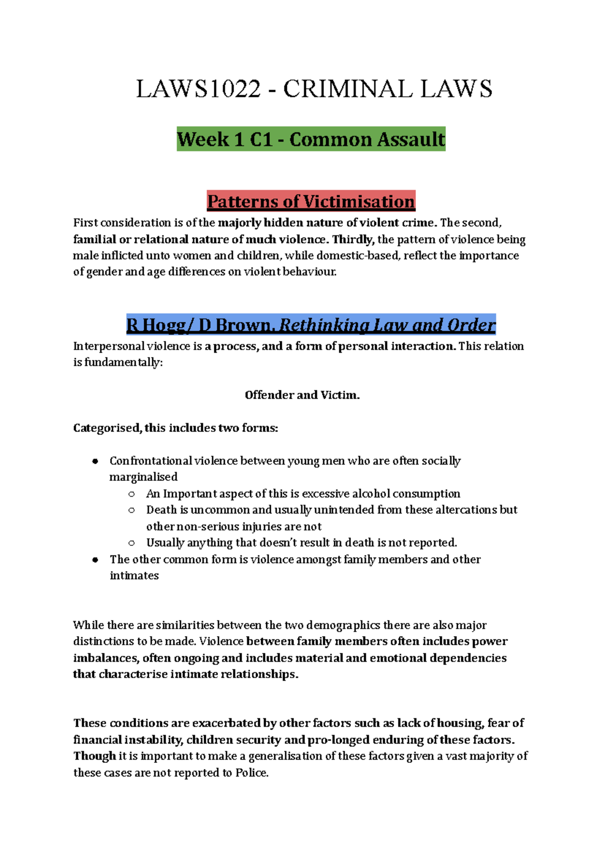 LAWS1022 Criminal Laws Week 1: Common Assault & Victimisation Patterns ...