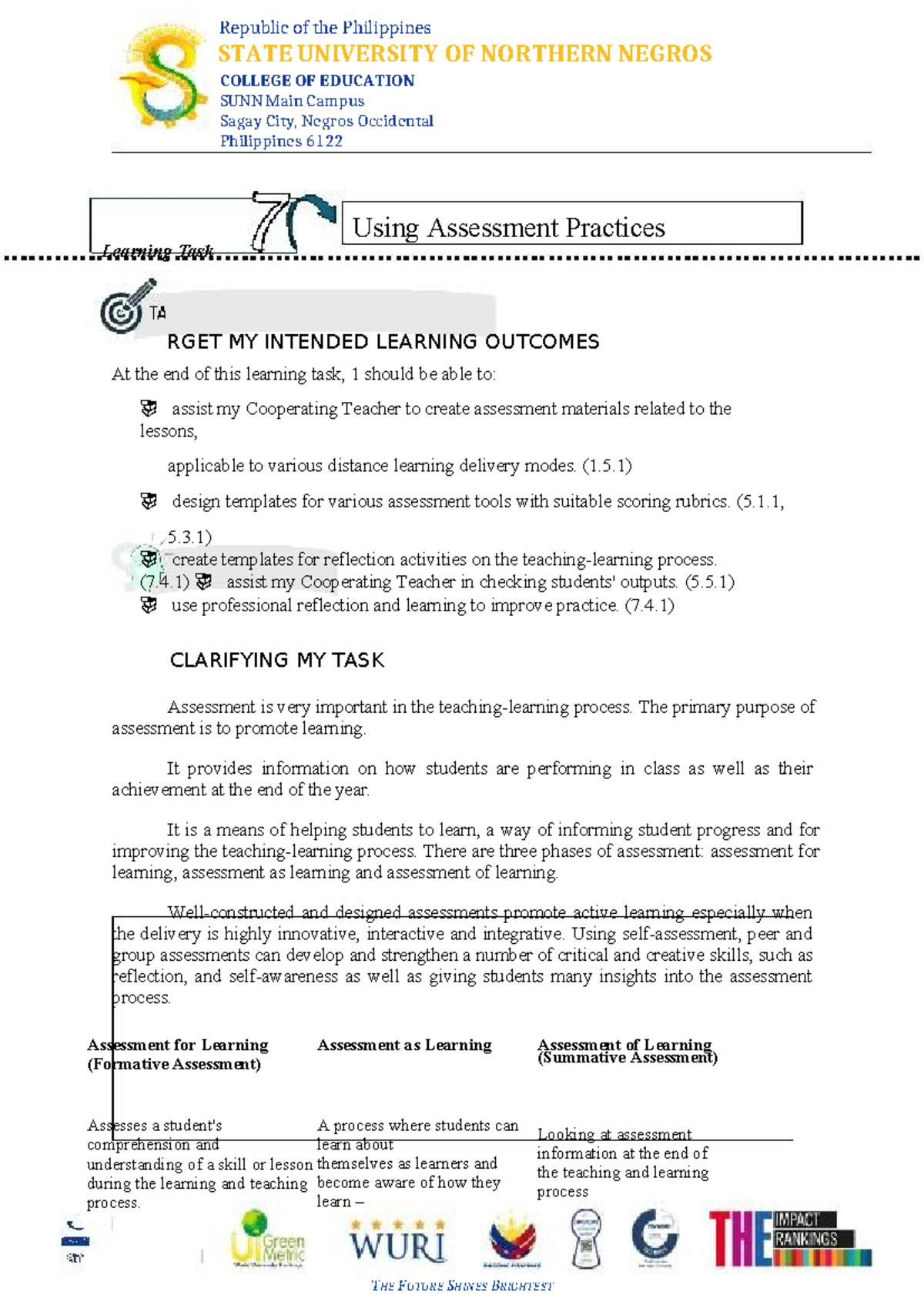 Learning Task 7: Assessment Practices and Templates (EDUC 034) - Studocu
