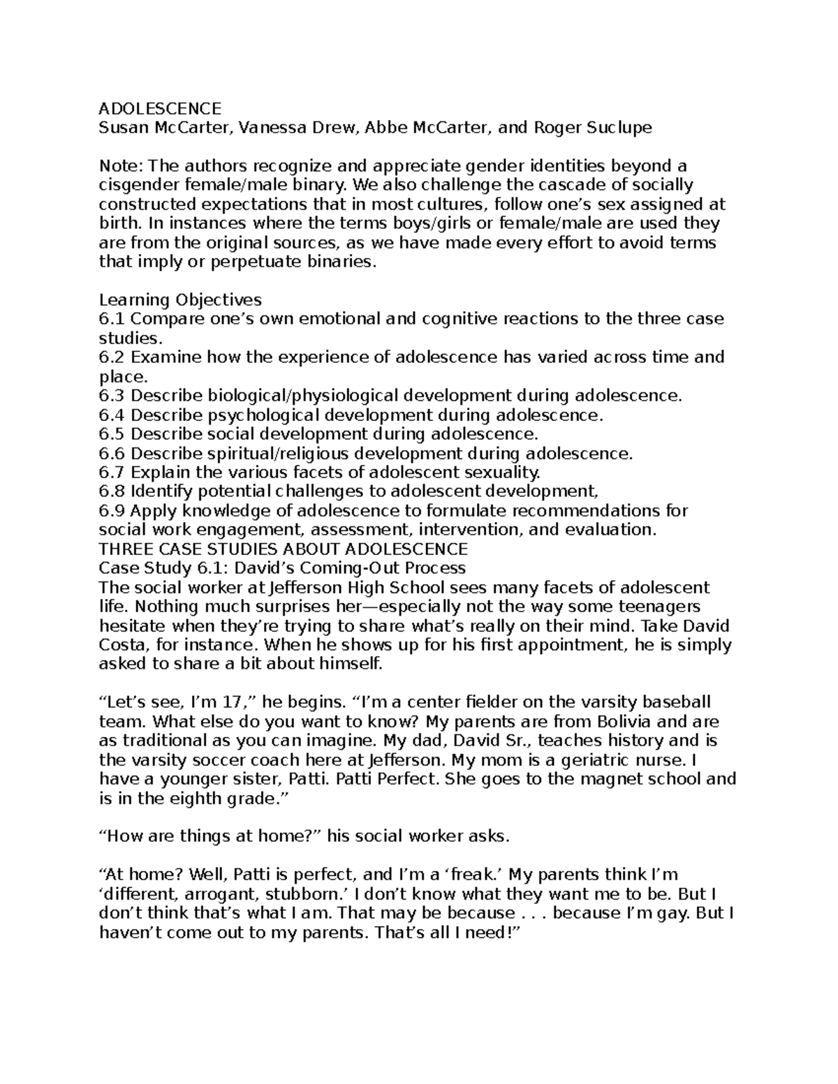 Adolescent Development: Case Studies & Social Work Applications (SW 101 ...