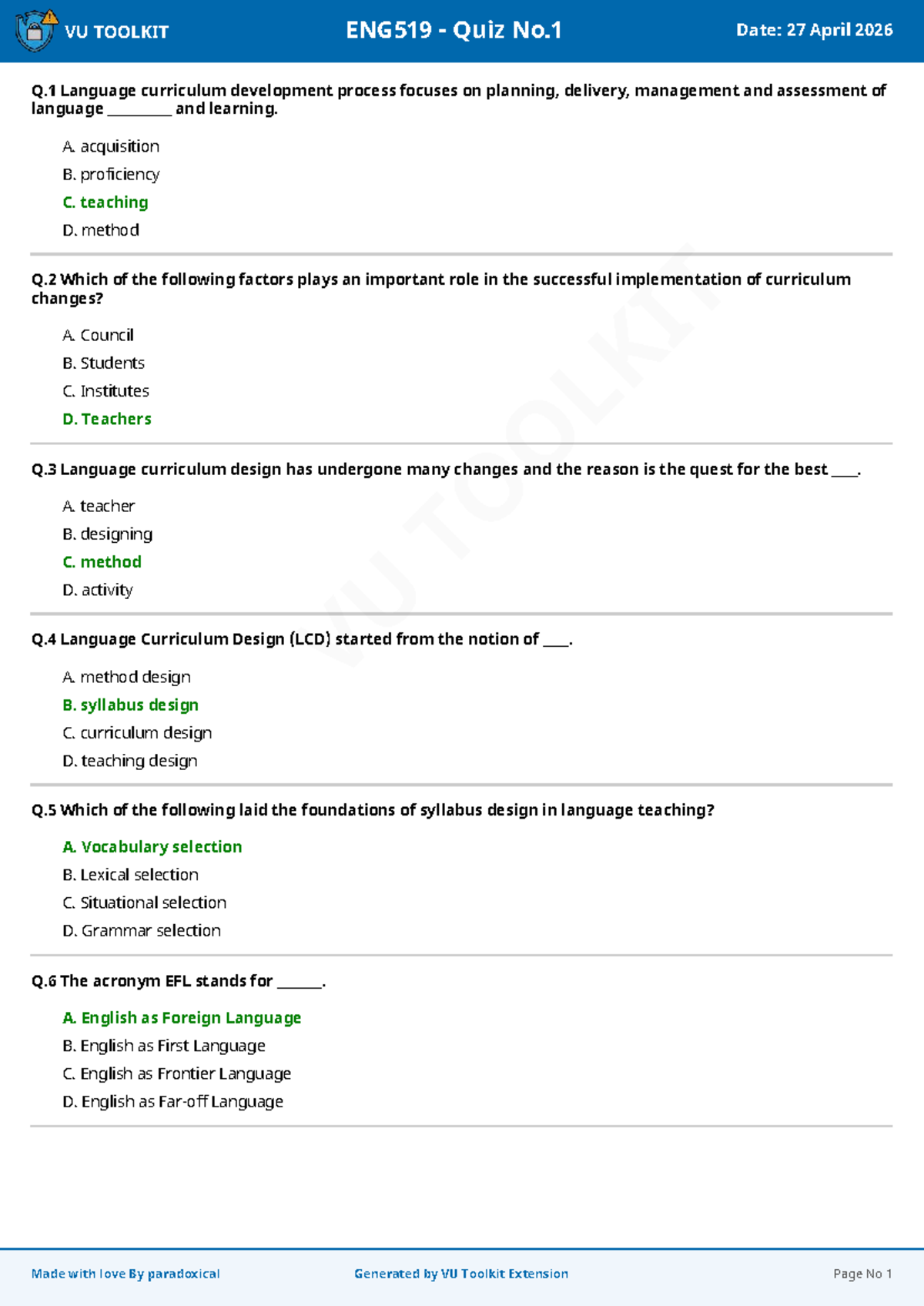 ENG519 Quiz No.1: Language Curriculum Development Insights - Studocu