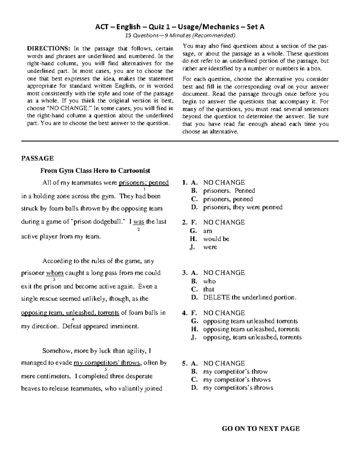 ACT English Quiz 1 - test - ACT – English – Quiz 1 – Usage/Mechanics ...